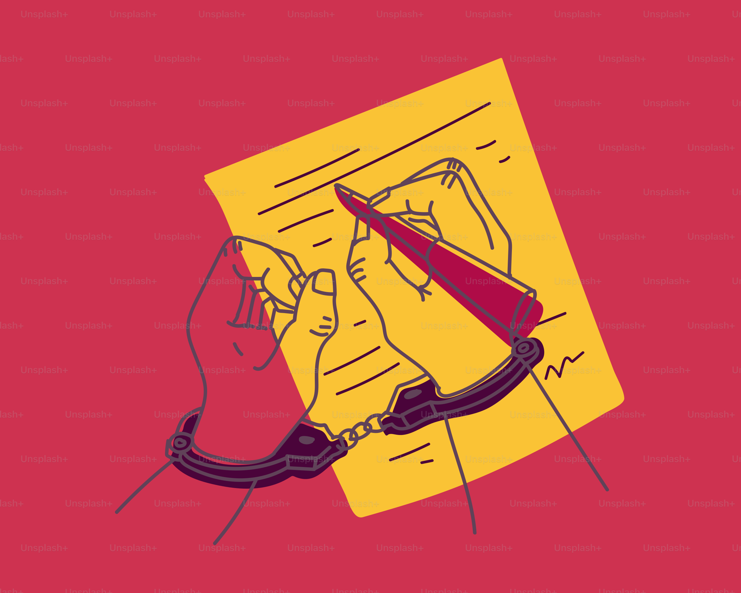 Handschellenhand, die einen Brief schreibt.