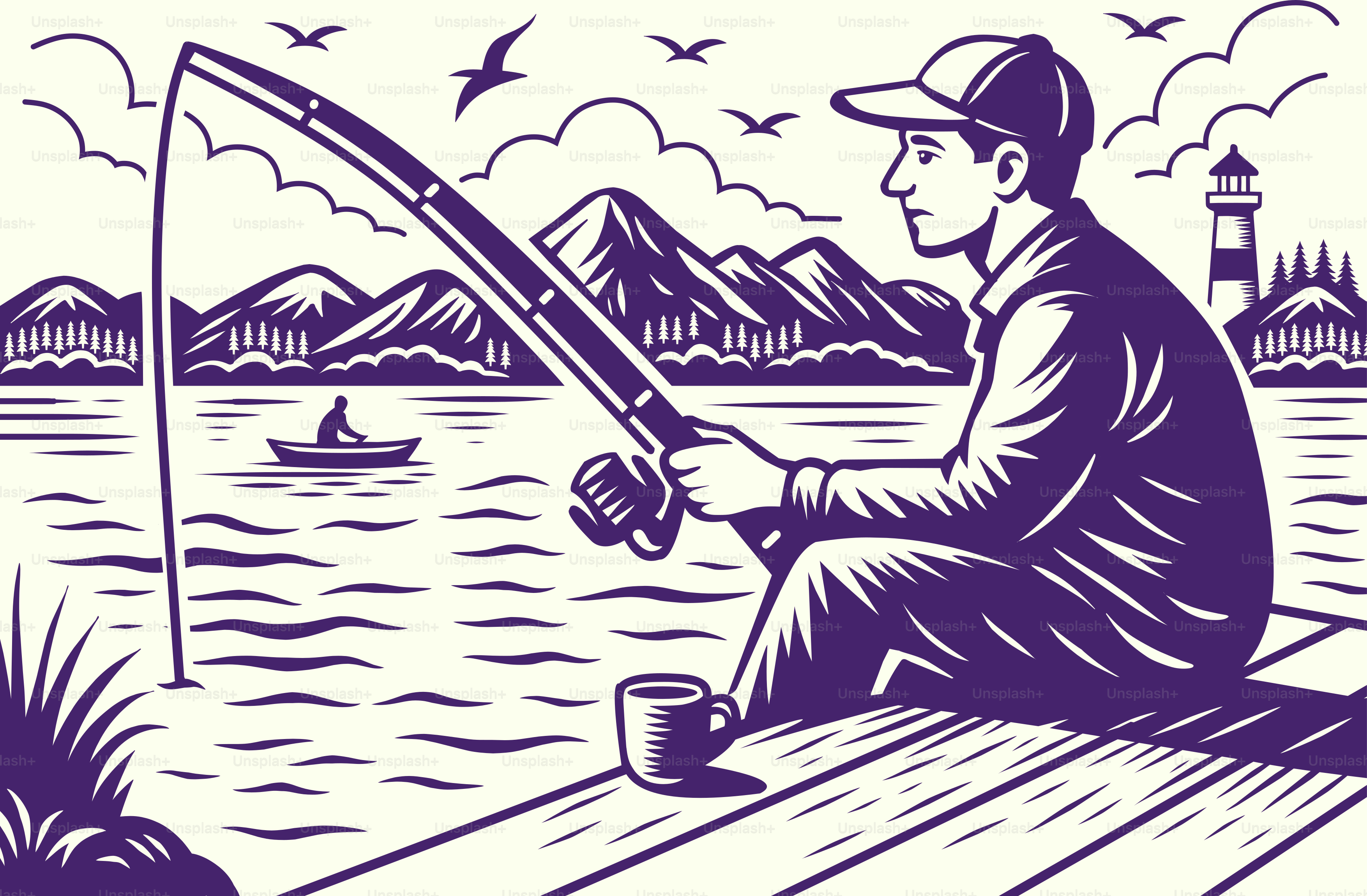 Ein Mann fischt an einem See und in den Bergen.