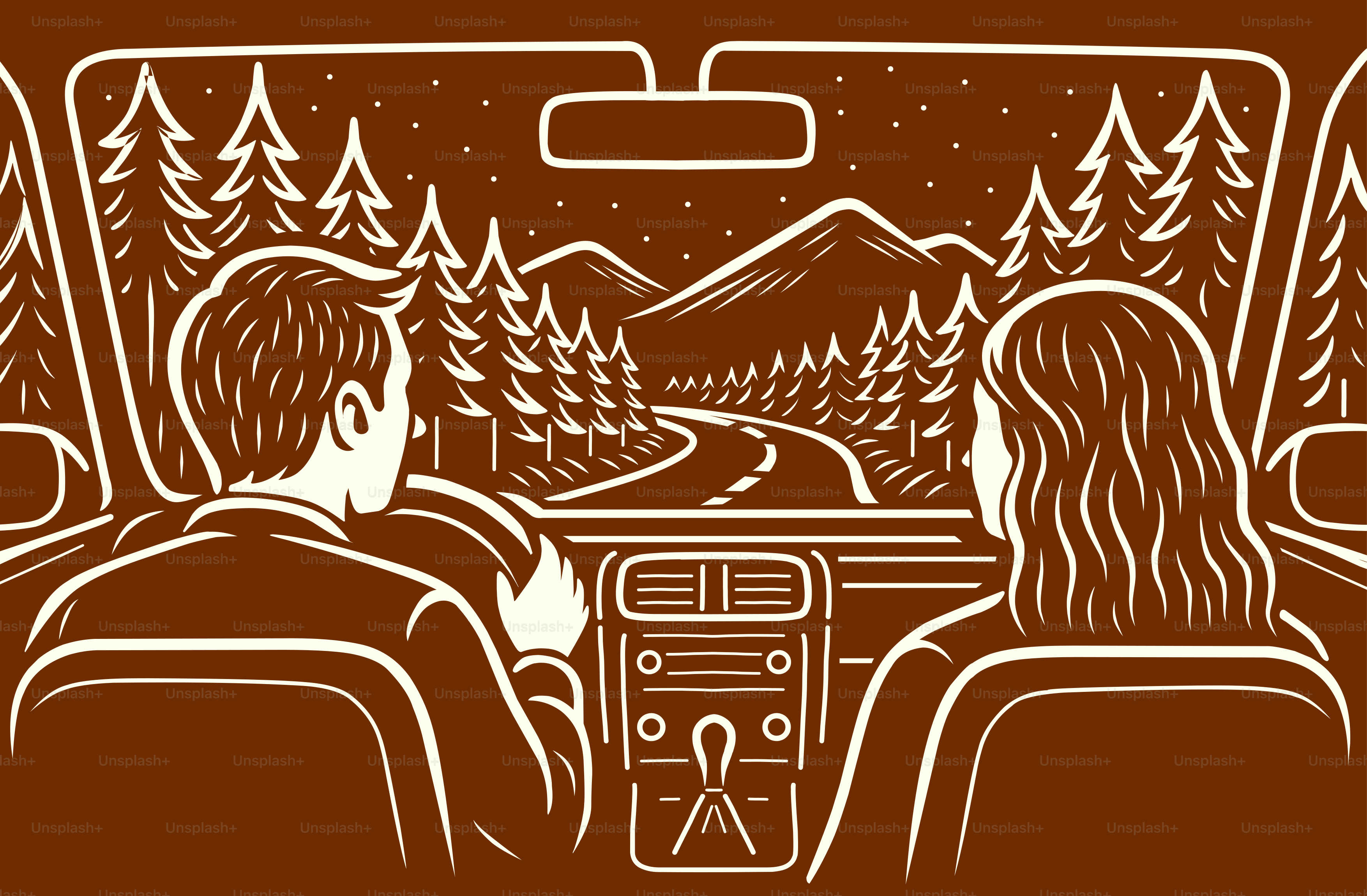 A couple drives through a scenic mountain landscape.