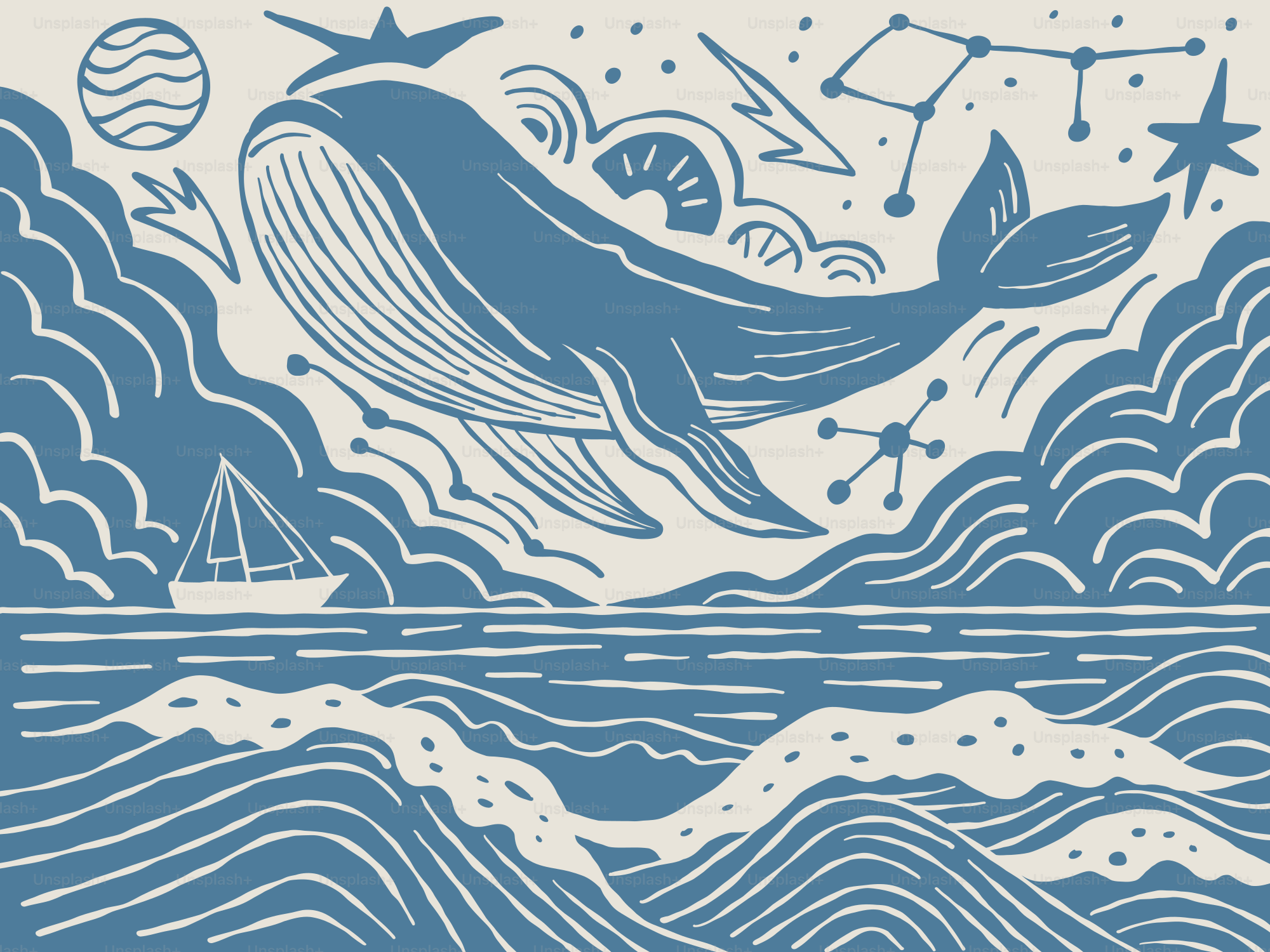 Une baleine nage dans le ciel au-dessus de l’océan.