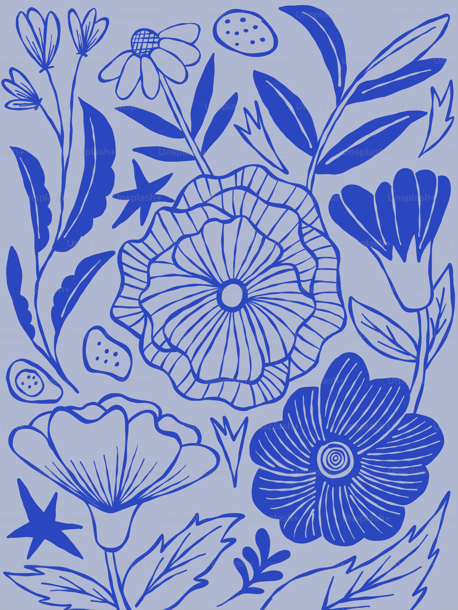 Blaue Blumenillustration mit verschiedenen stilisierten Blumen.