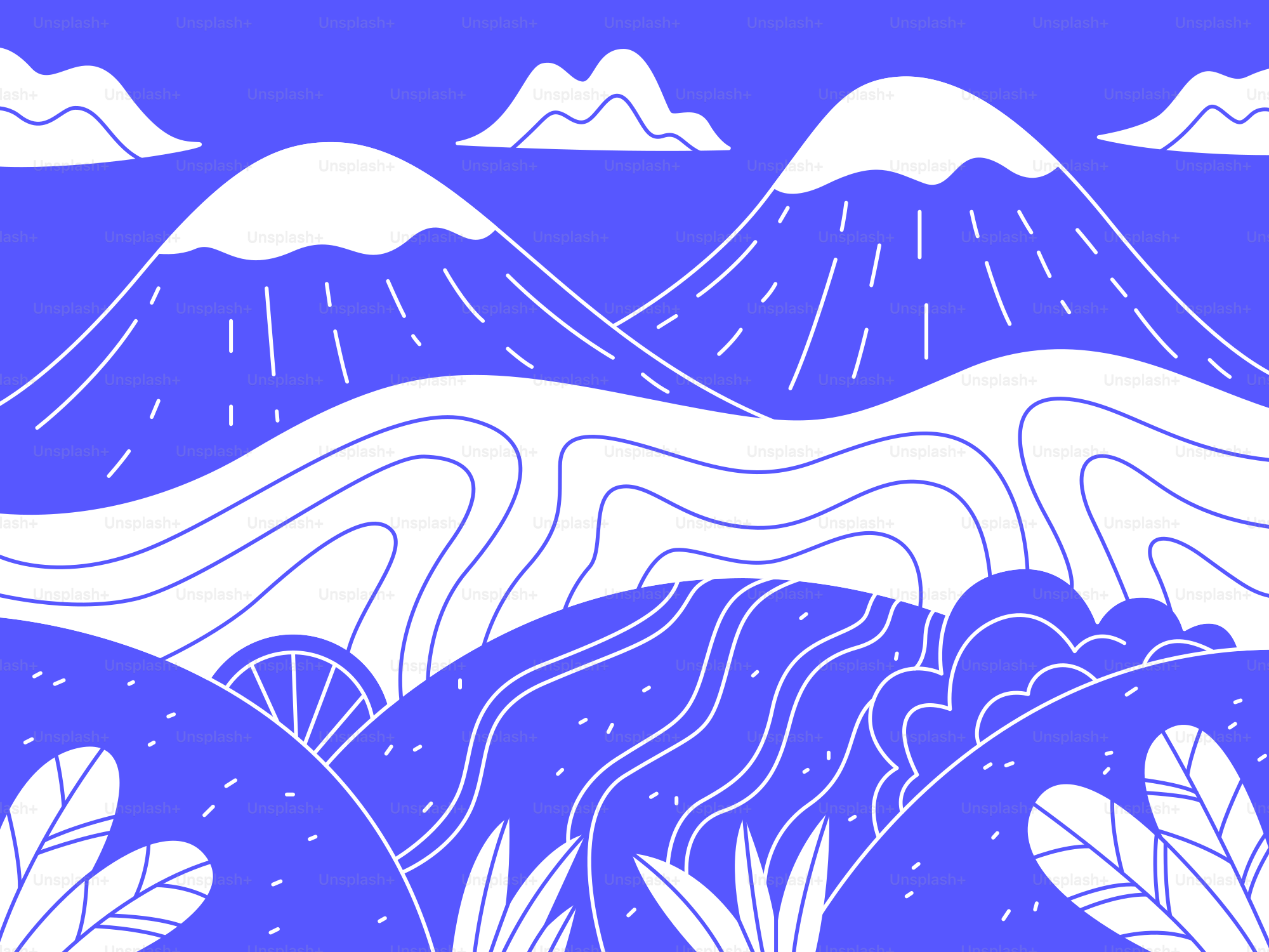 Pegunungan dan lanskap ditampilkan dalam ilustrasi biru dan putih.