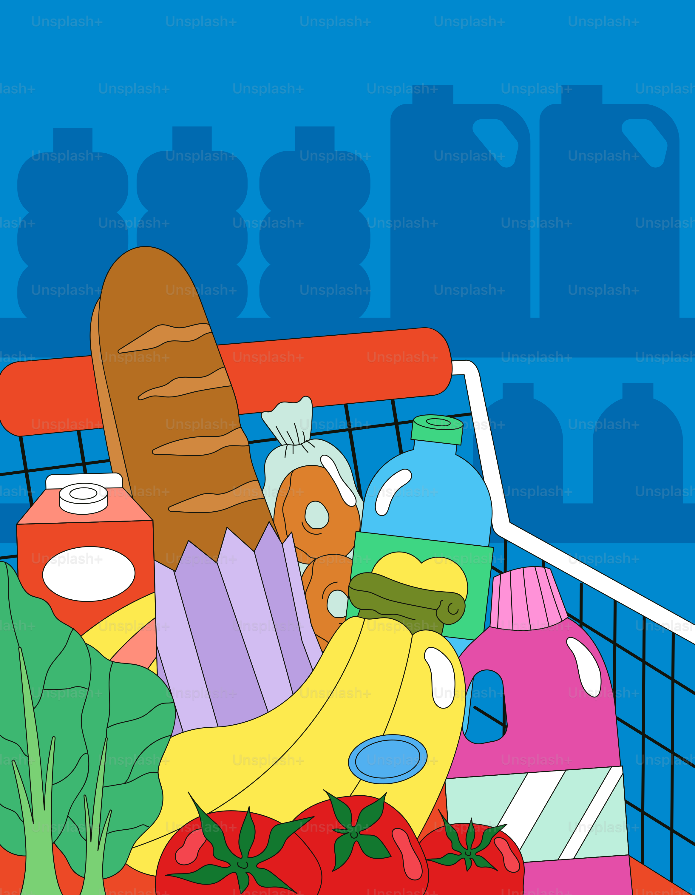 A shopping cart is filled with groceries.