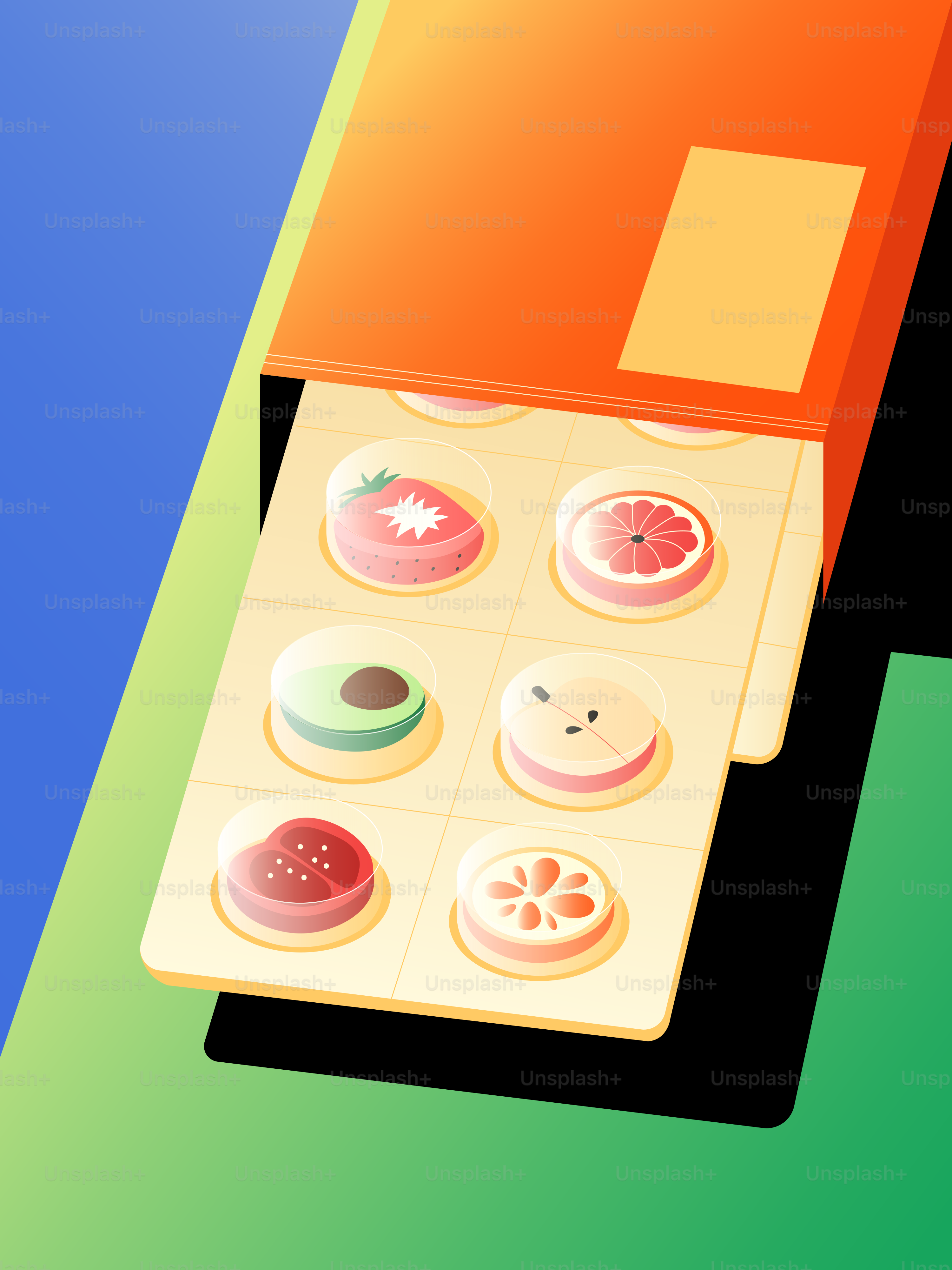 Pastillas con forma de fruta en una caja de medicinas.