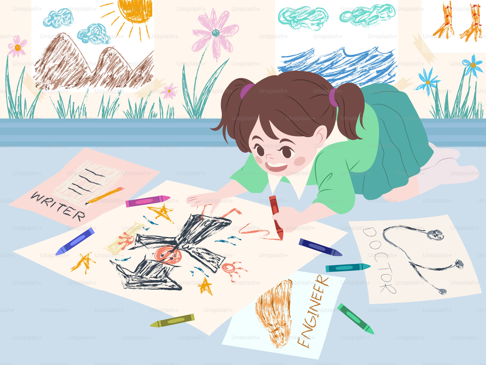 A little girl is imagining different professions.