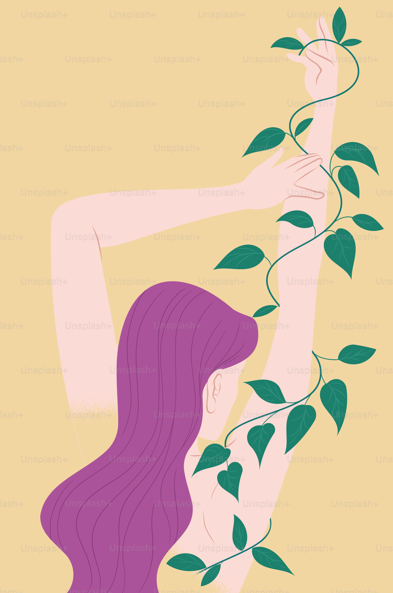 A woman embraces nature's growing vine.