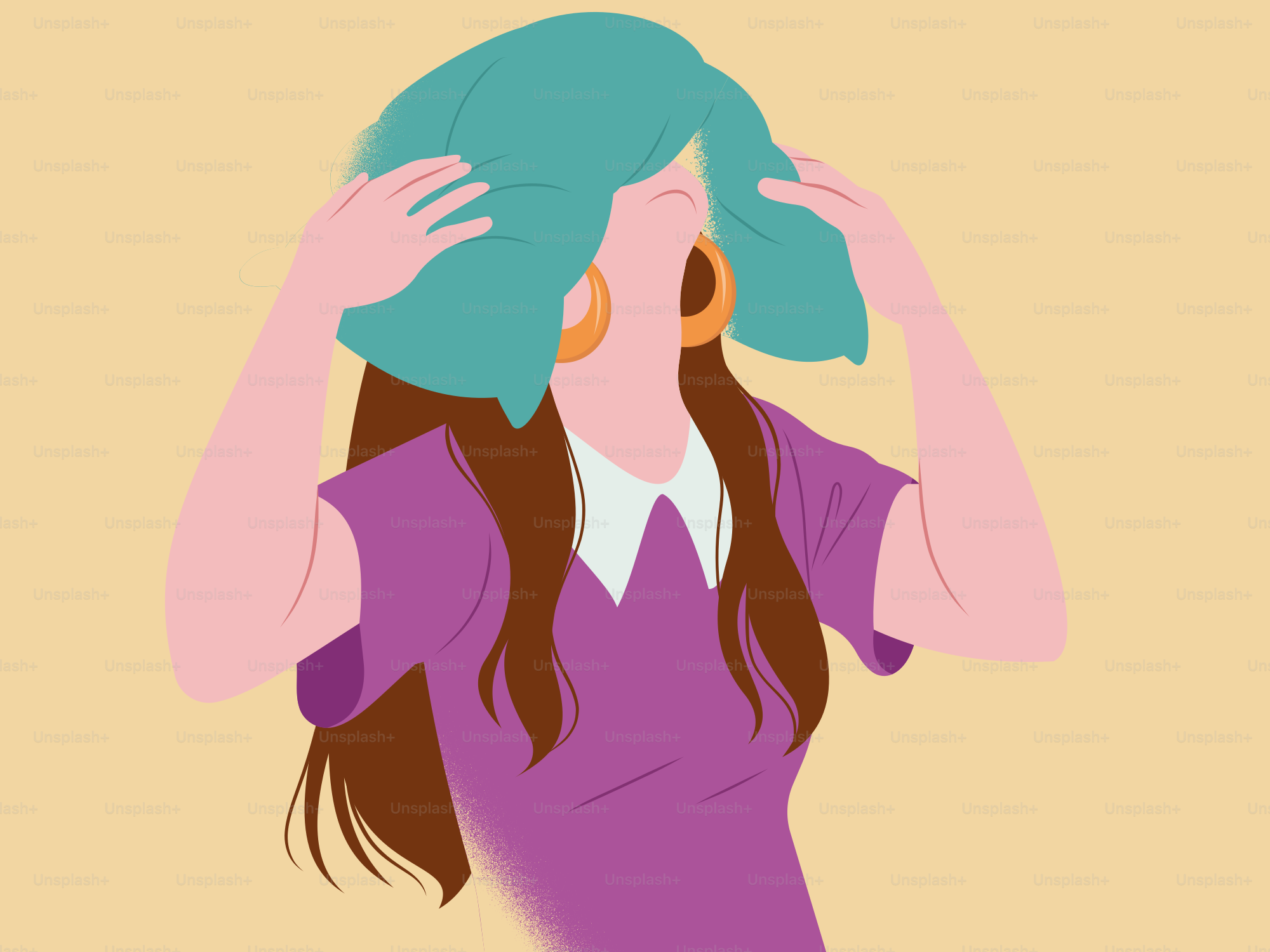 Woman covering her face with a blue pillow.