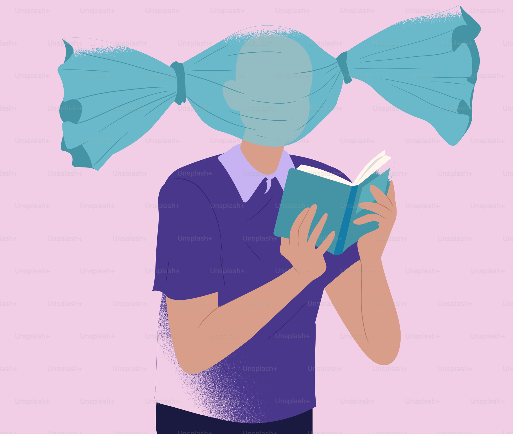 A person's head is a candy, reading a book.