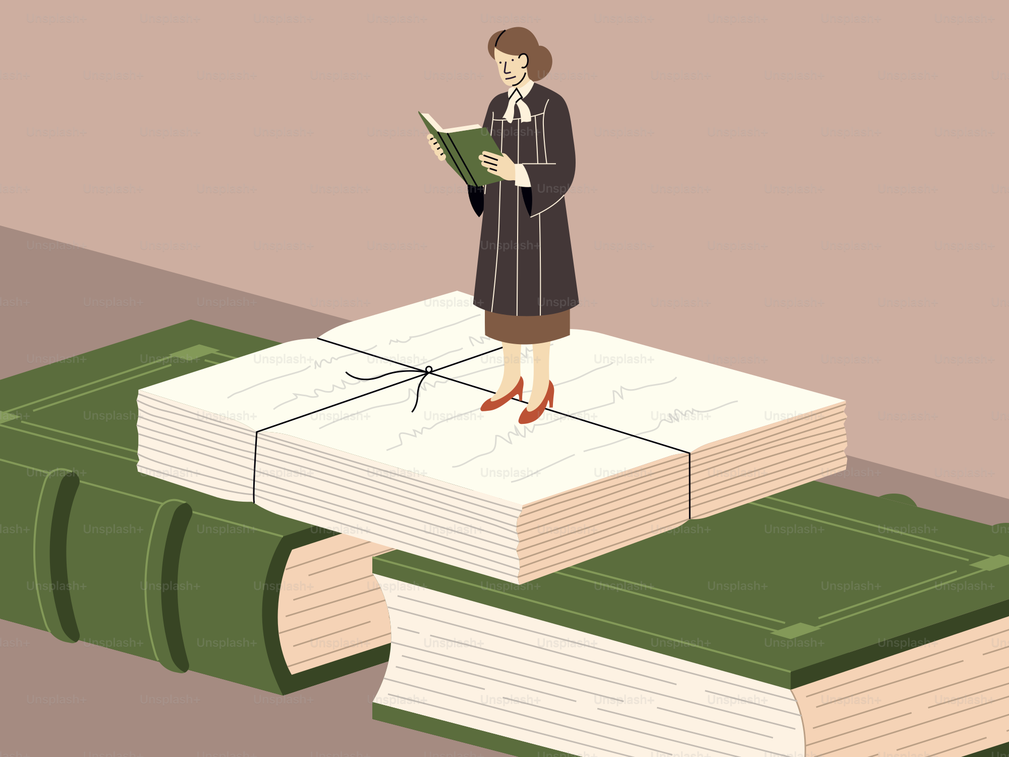 Uma mulher lê em cima de pilhas de livros.