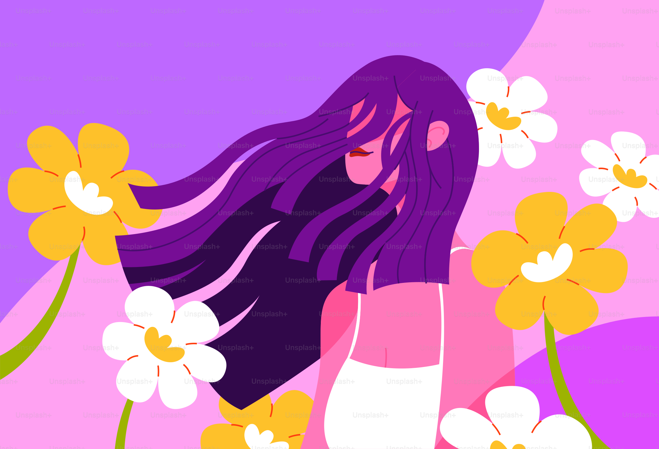 A woman among colorful flowers and waves.