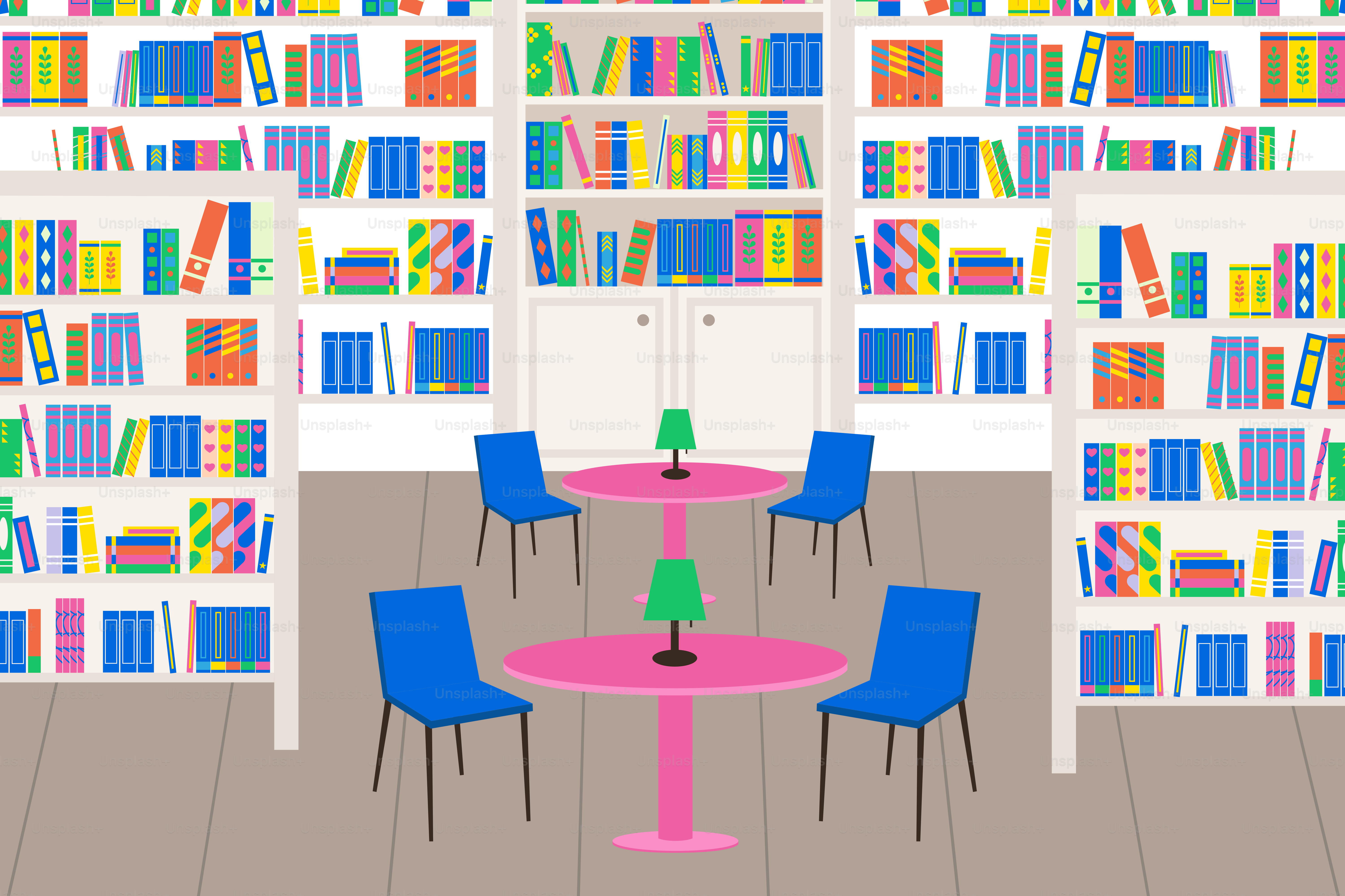 Uma biblioteca cheia de prateleiras, mesas e cadeiras