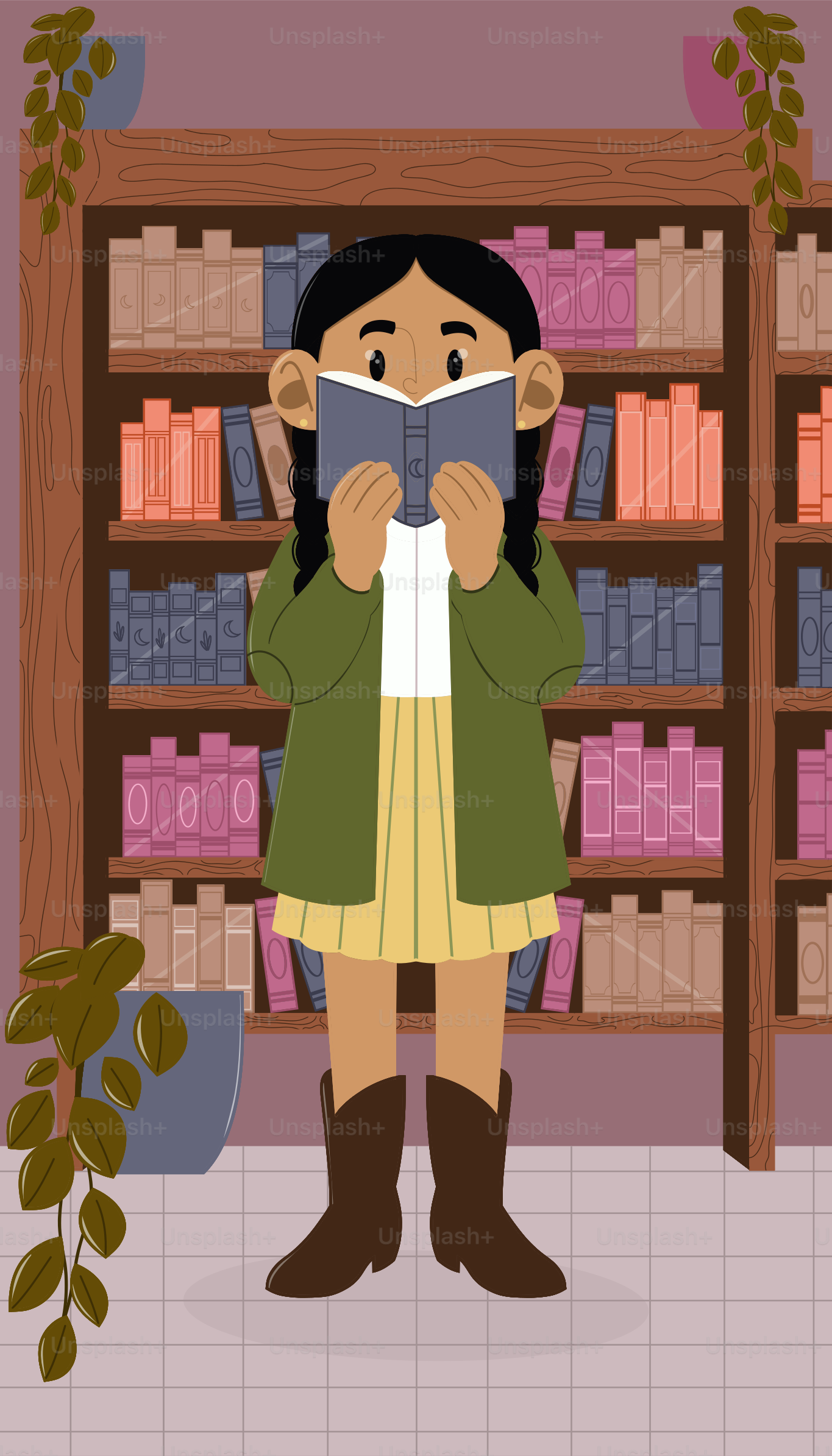 A girl is reading a book in front of bookshelves.