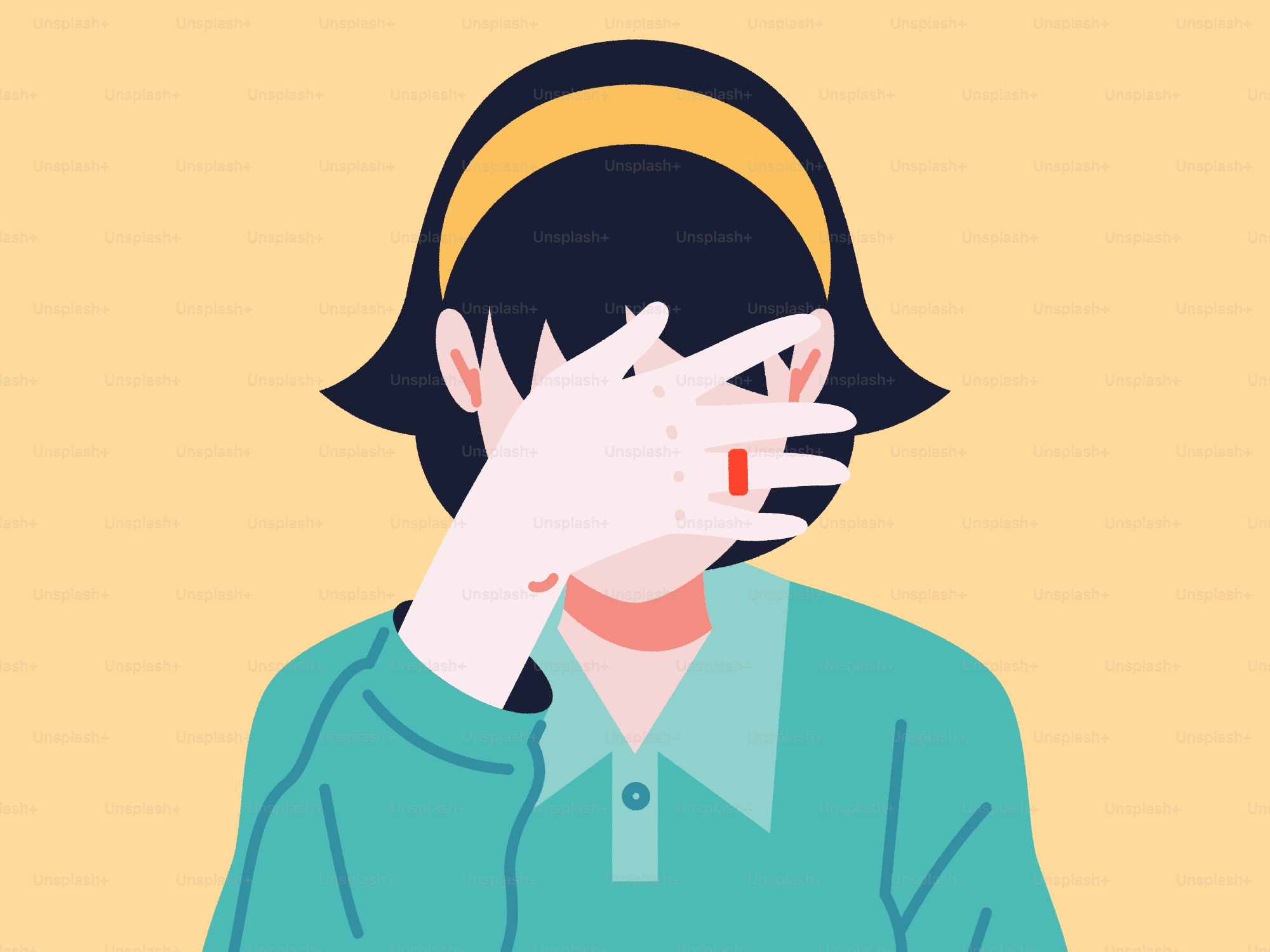 A girl covers her eye with a red pill.