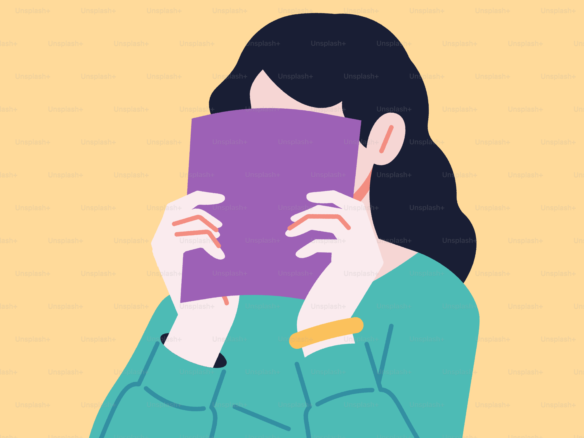 Woman holding a purple book in front of her face.