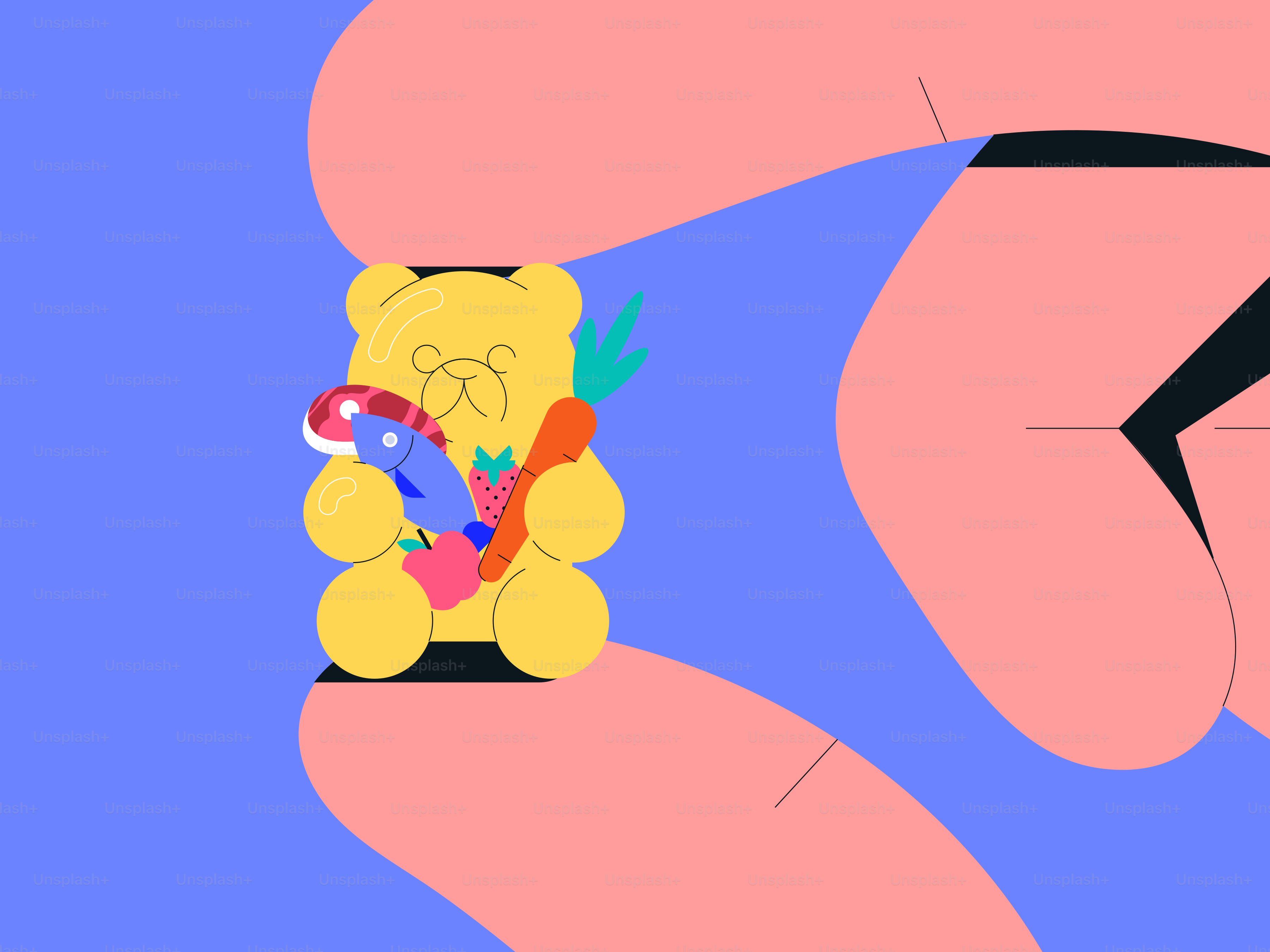 Hands holding a yellow gummy bear with candy.