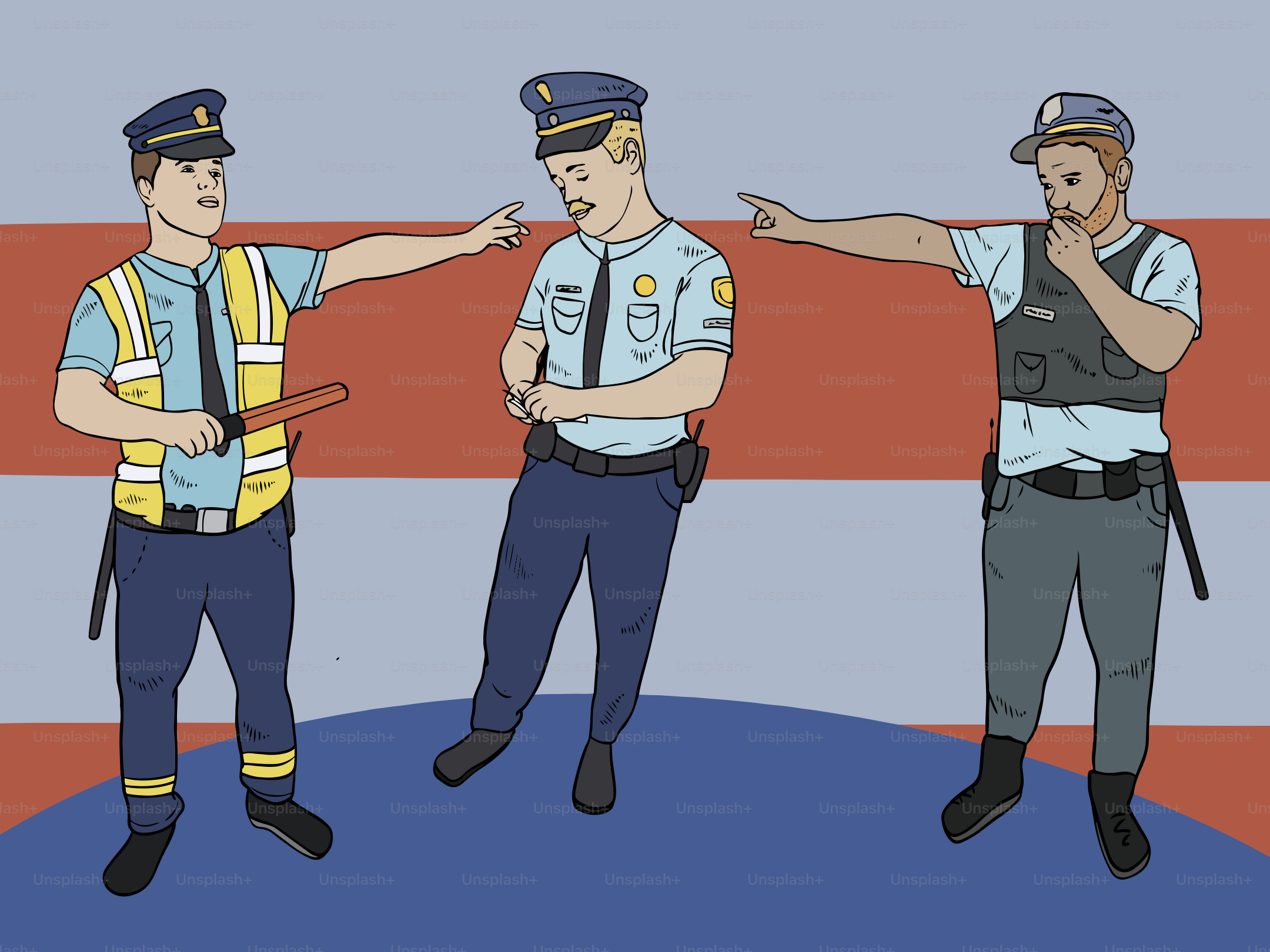 Three cartoon police officers pointing and gesturing.