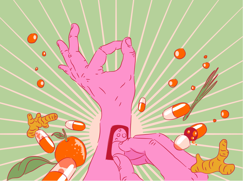 Hand with pills and fruits, bursting with health.