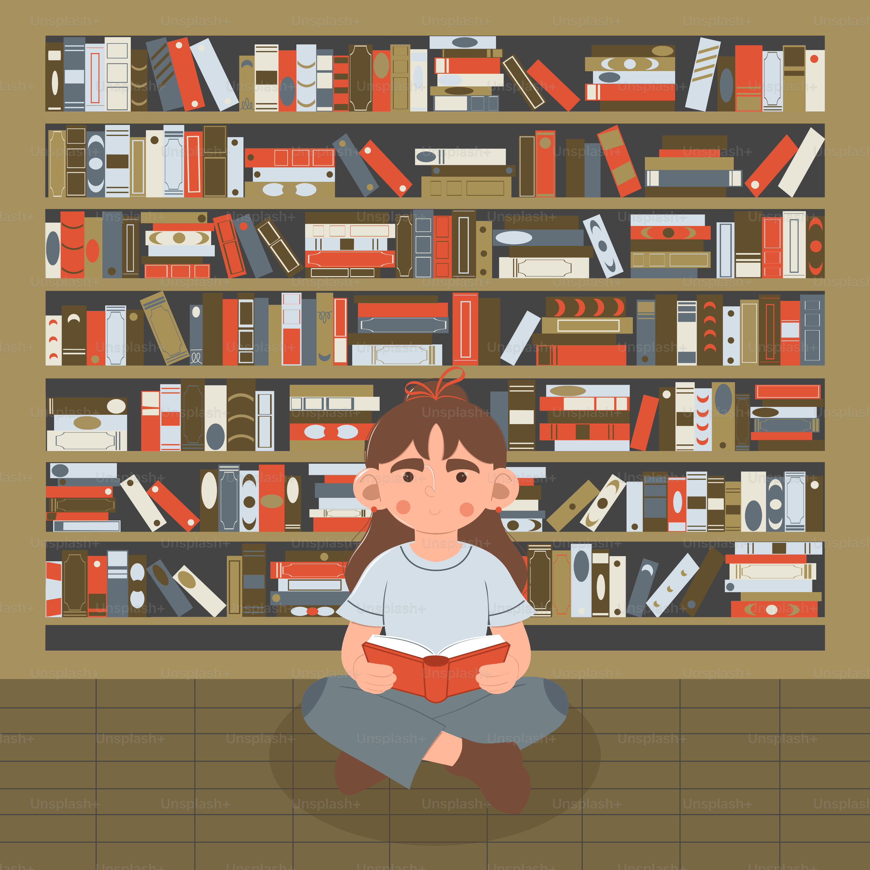A girl reads a book in front of bookshelves.