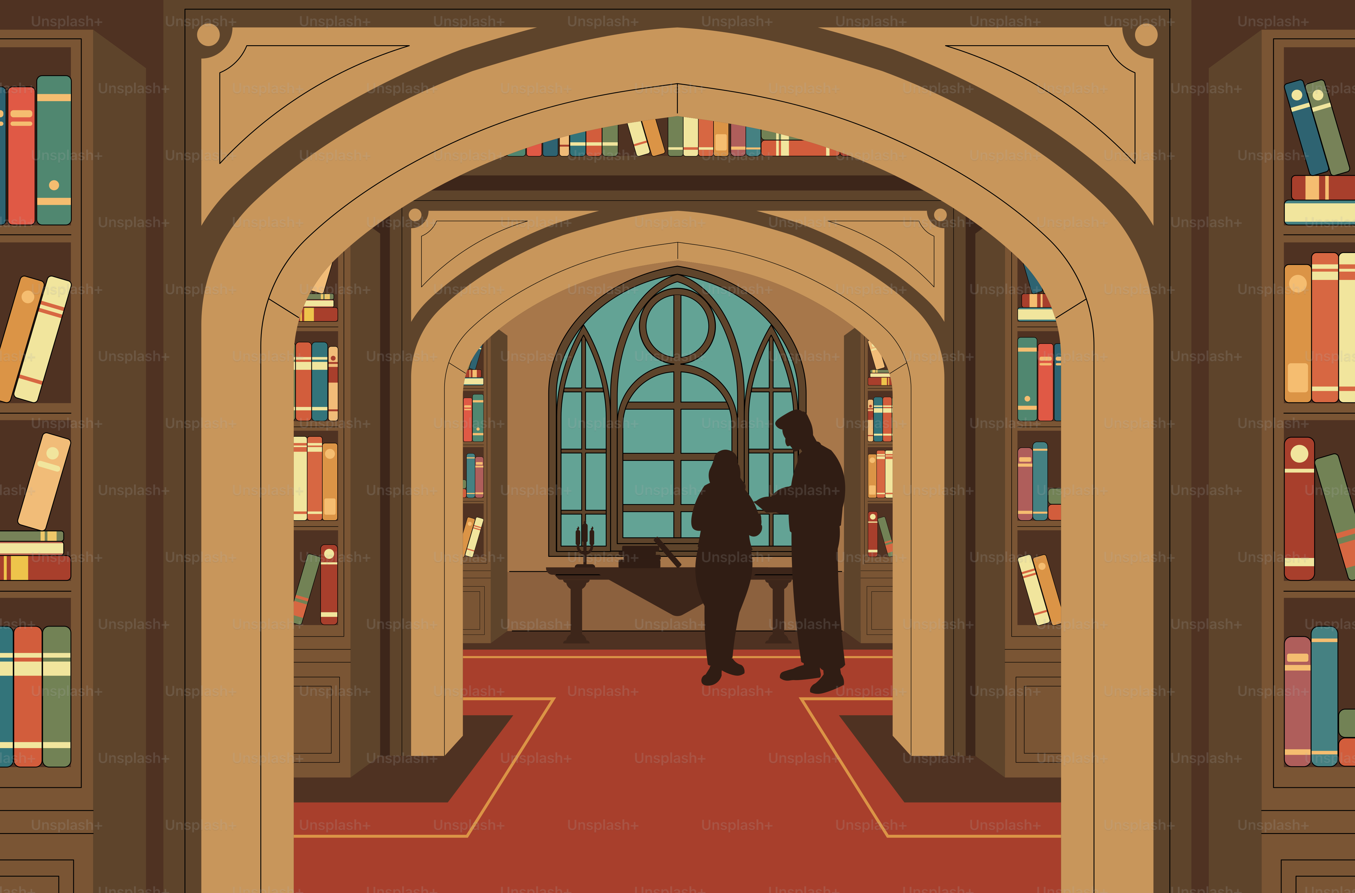 People conversing in a beautiful, book-lined library.