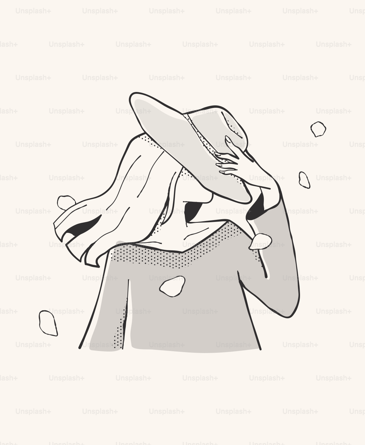 A woman adjusts her hat with petals around her.