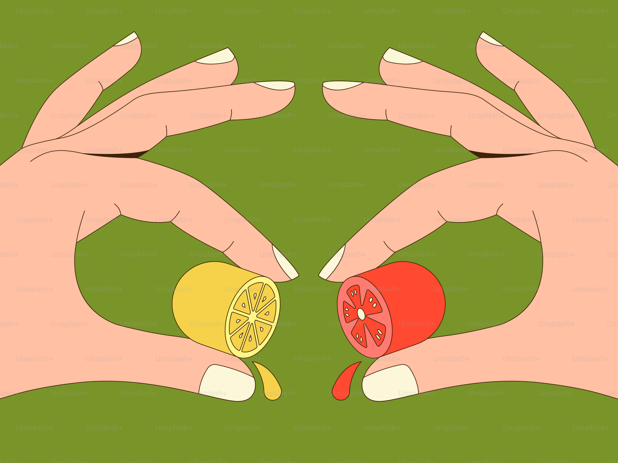 Les mains pressent des moitiés de citron et de tomate.