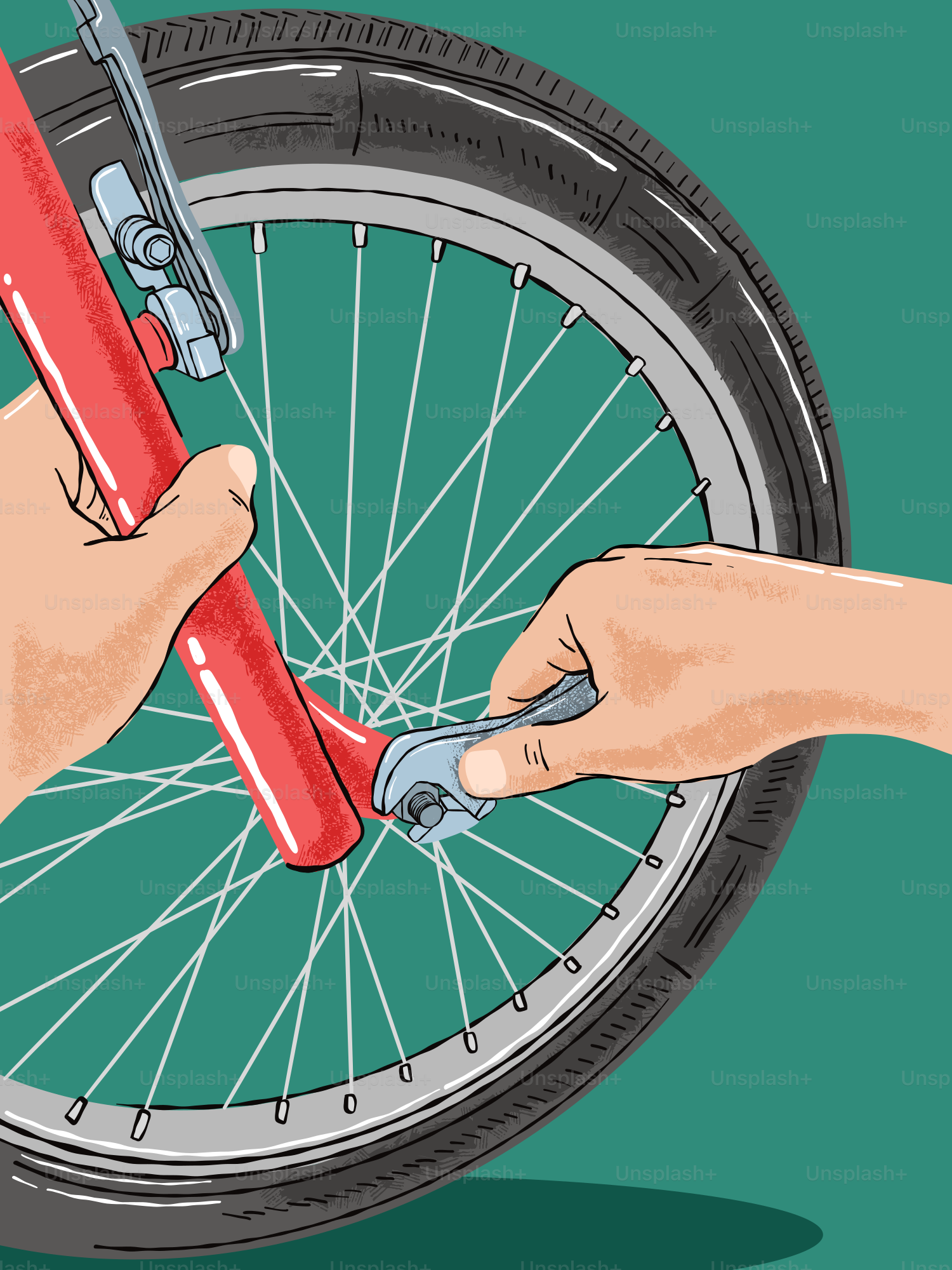Réparation d’une roue de vélo à l’aide d’une clé.