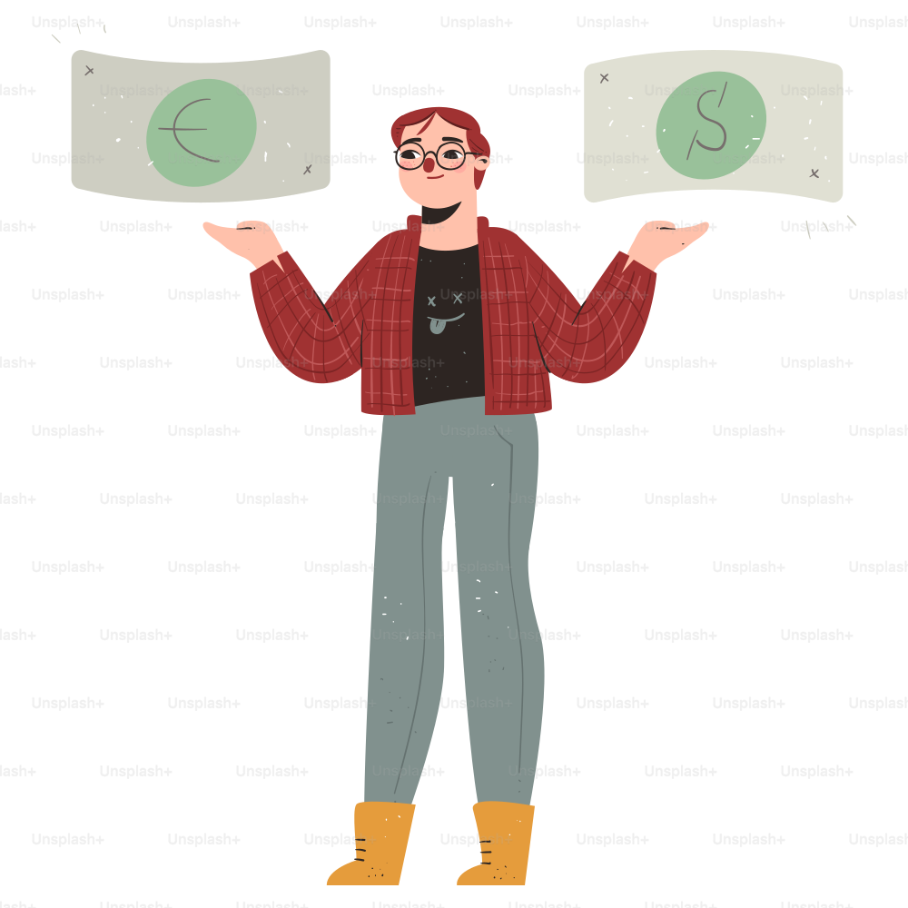 Person is balancing euros and dollars.