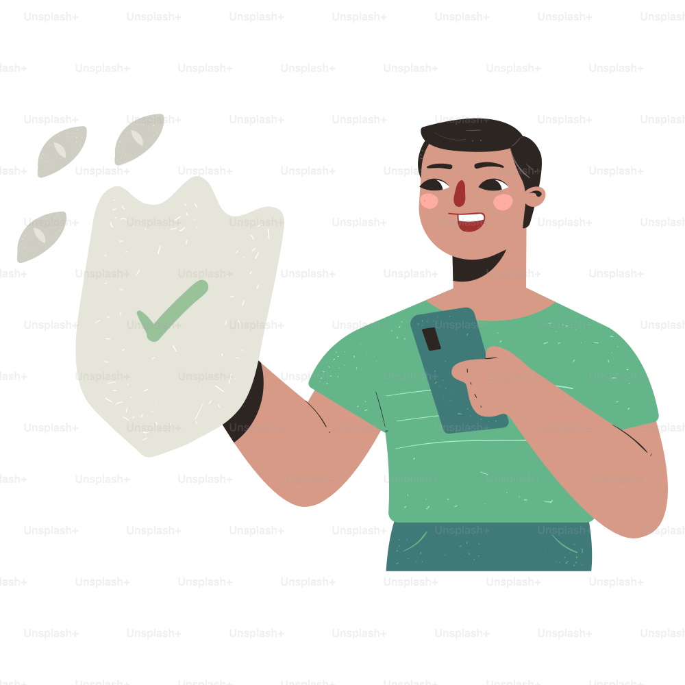 Uomo che usa il telefono e tiene uno scudo protetto.