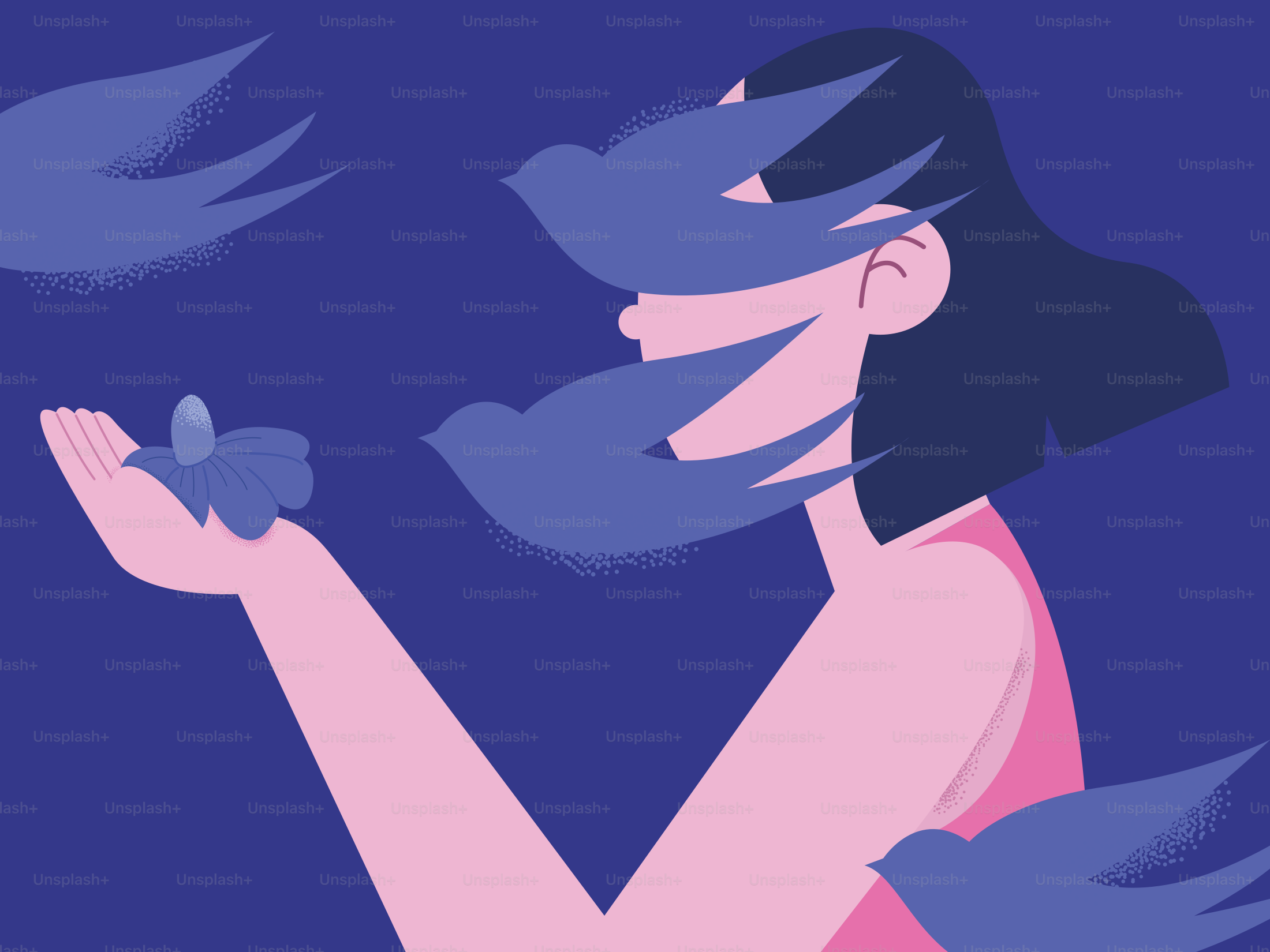 Eine Frau lässt Vögel in die Luft steigen.