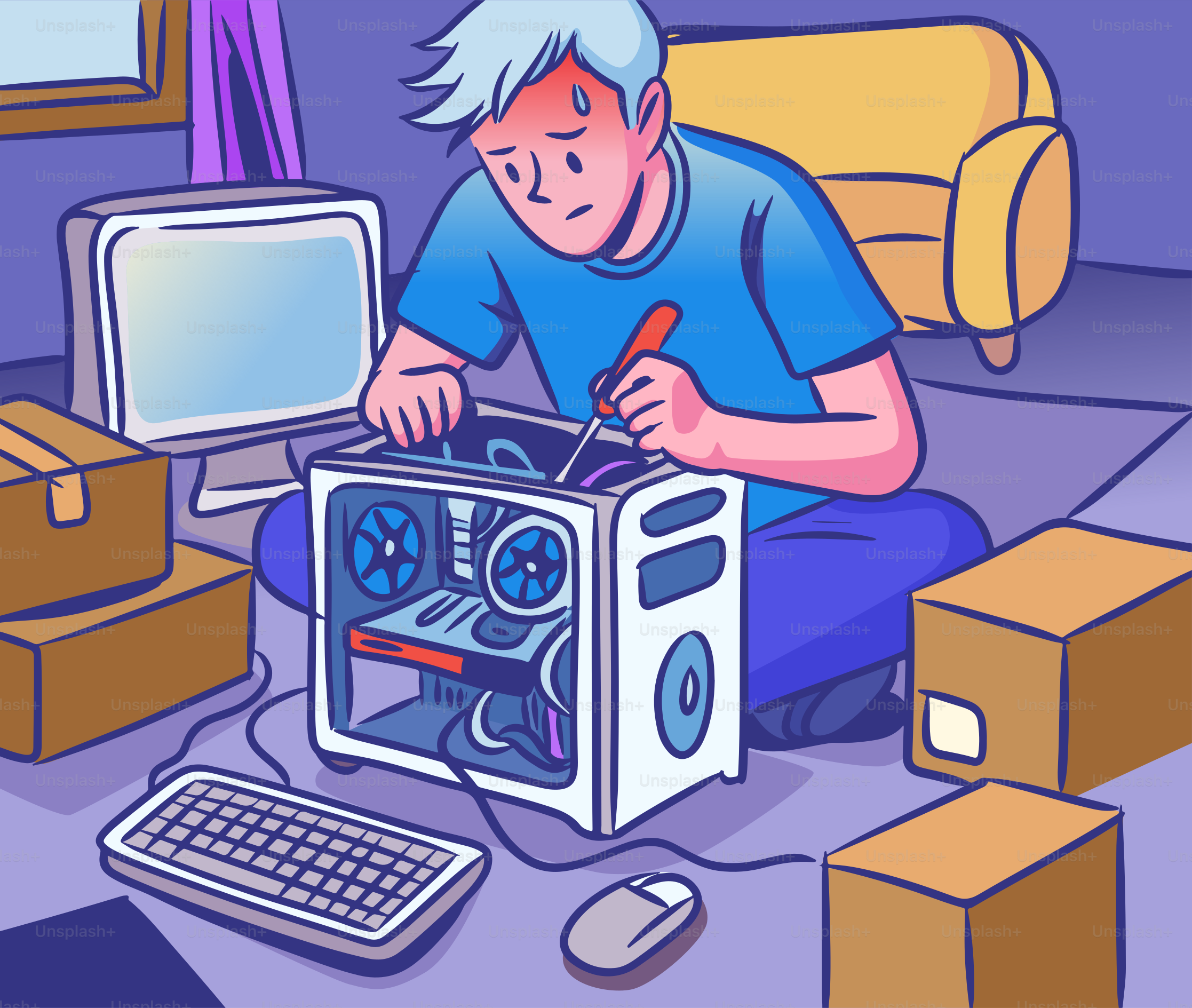 A man repairs a computer.