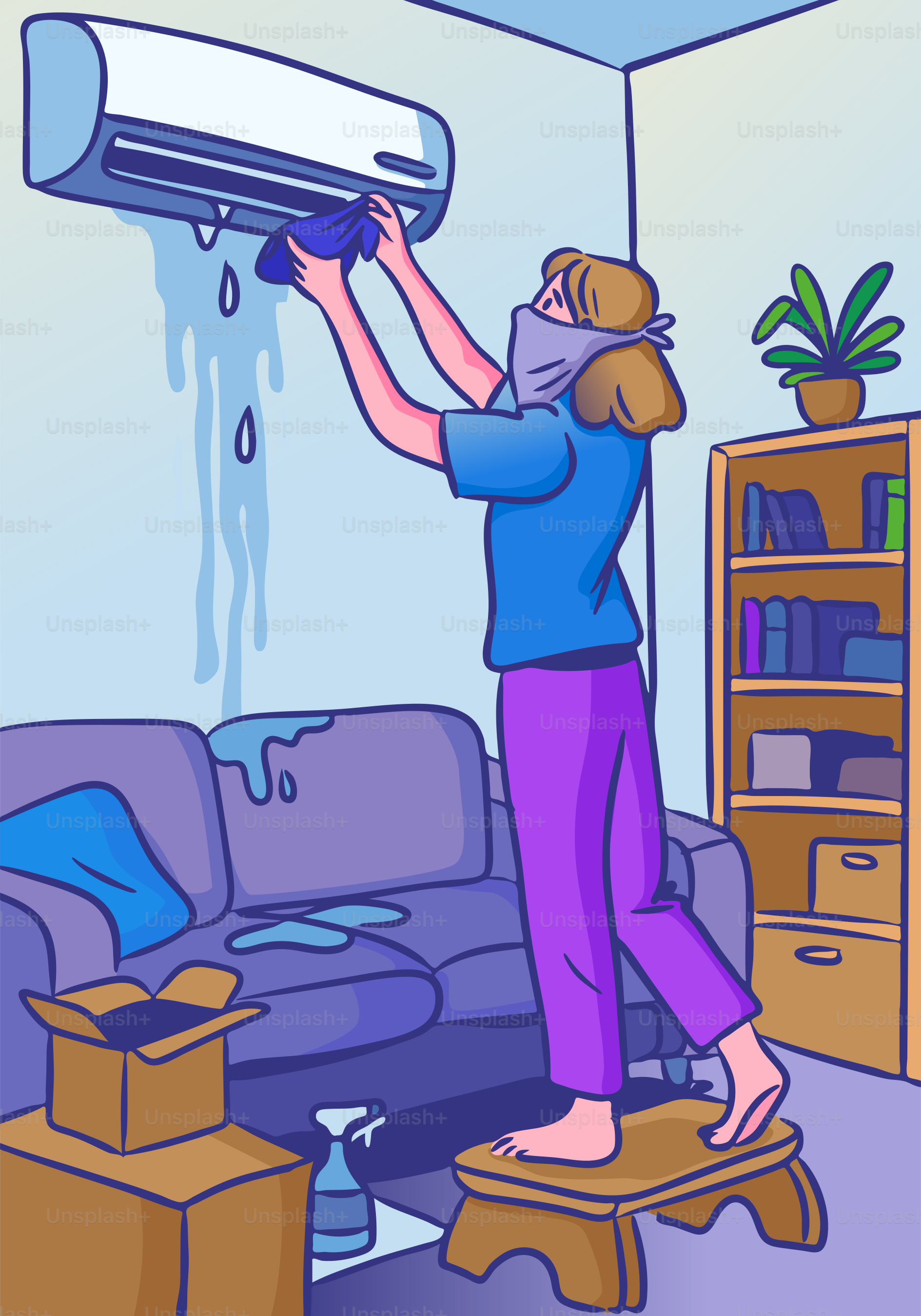 Woman cleaning a leaking air conditioner.