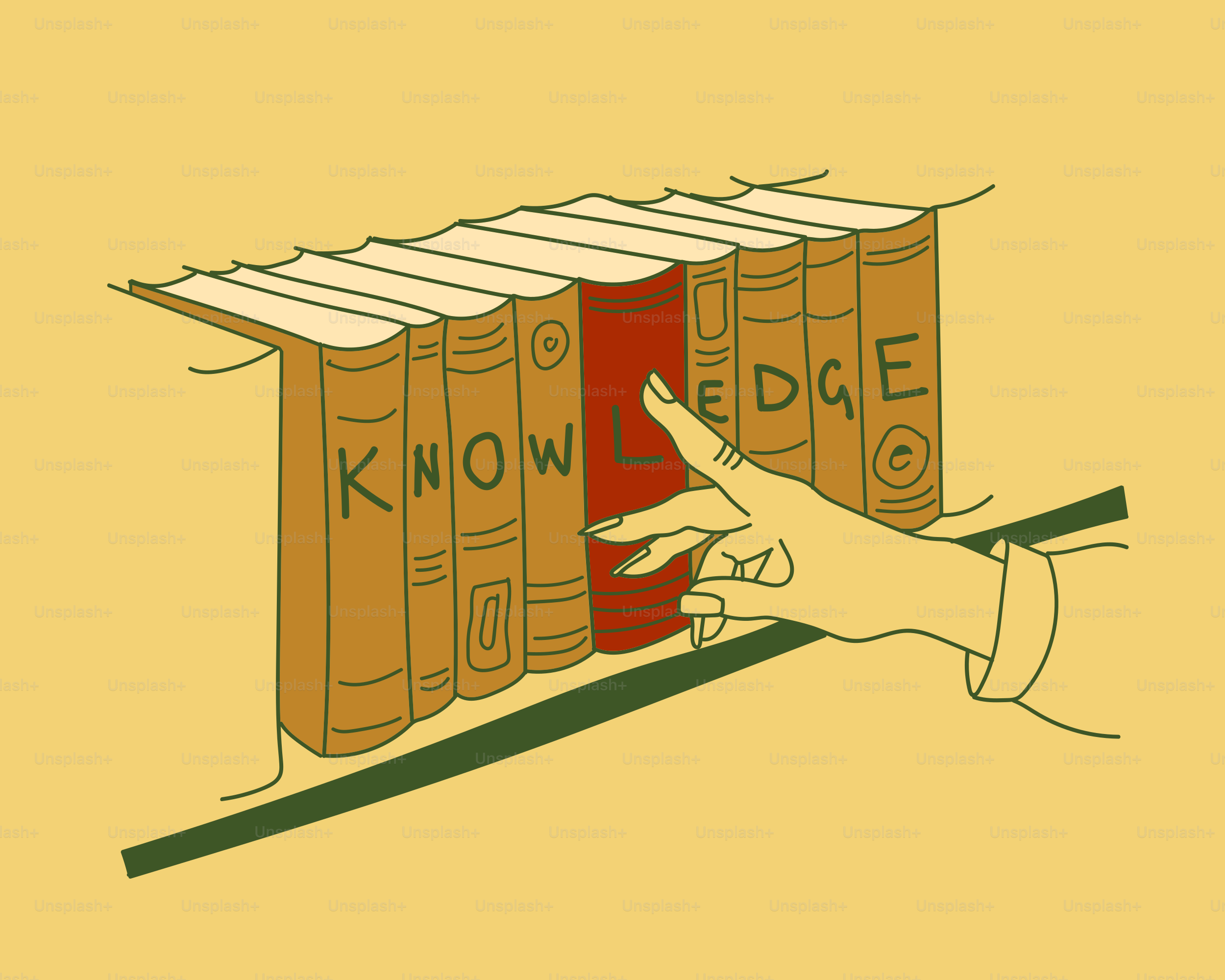 Hand reaching for a book labeled "knowledge".