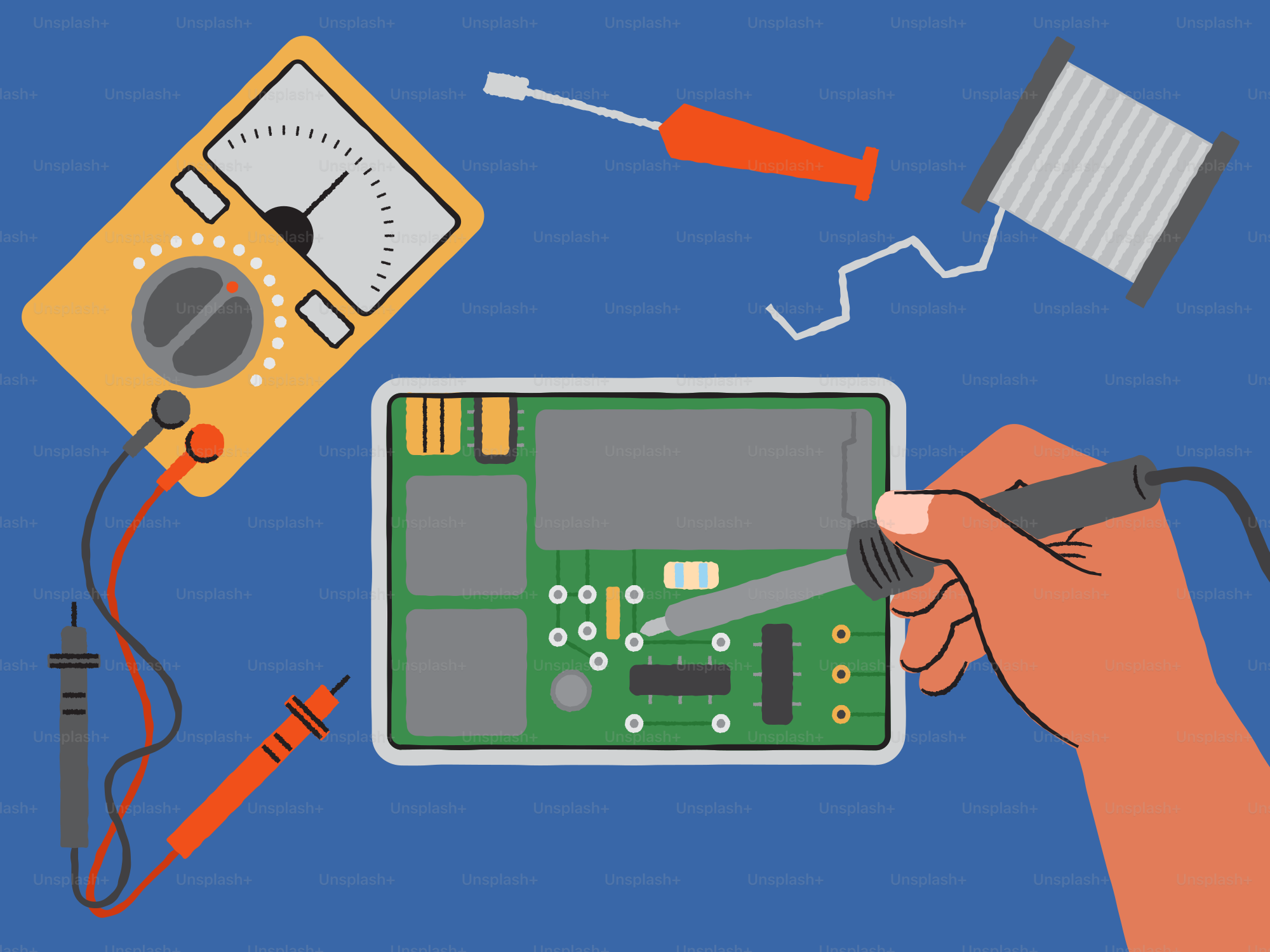 Electronics repair tools are arranged around a circuit board.