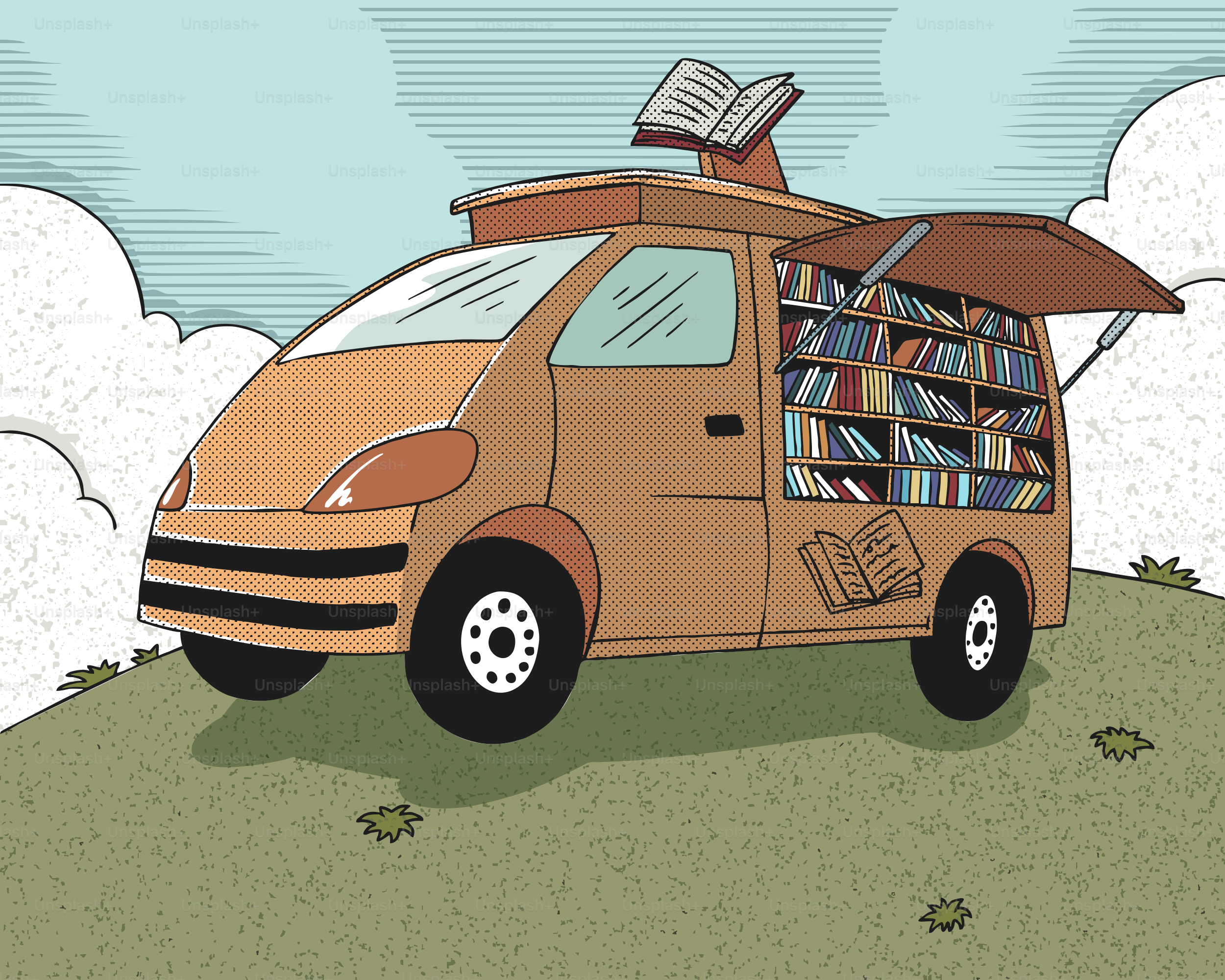 A bookmobile, full of books, parked on a hill.