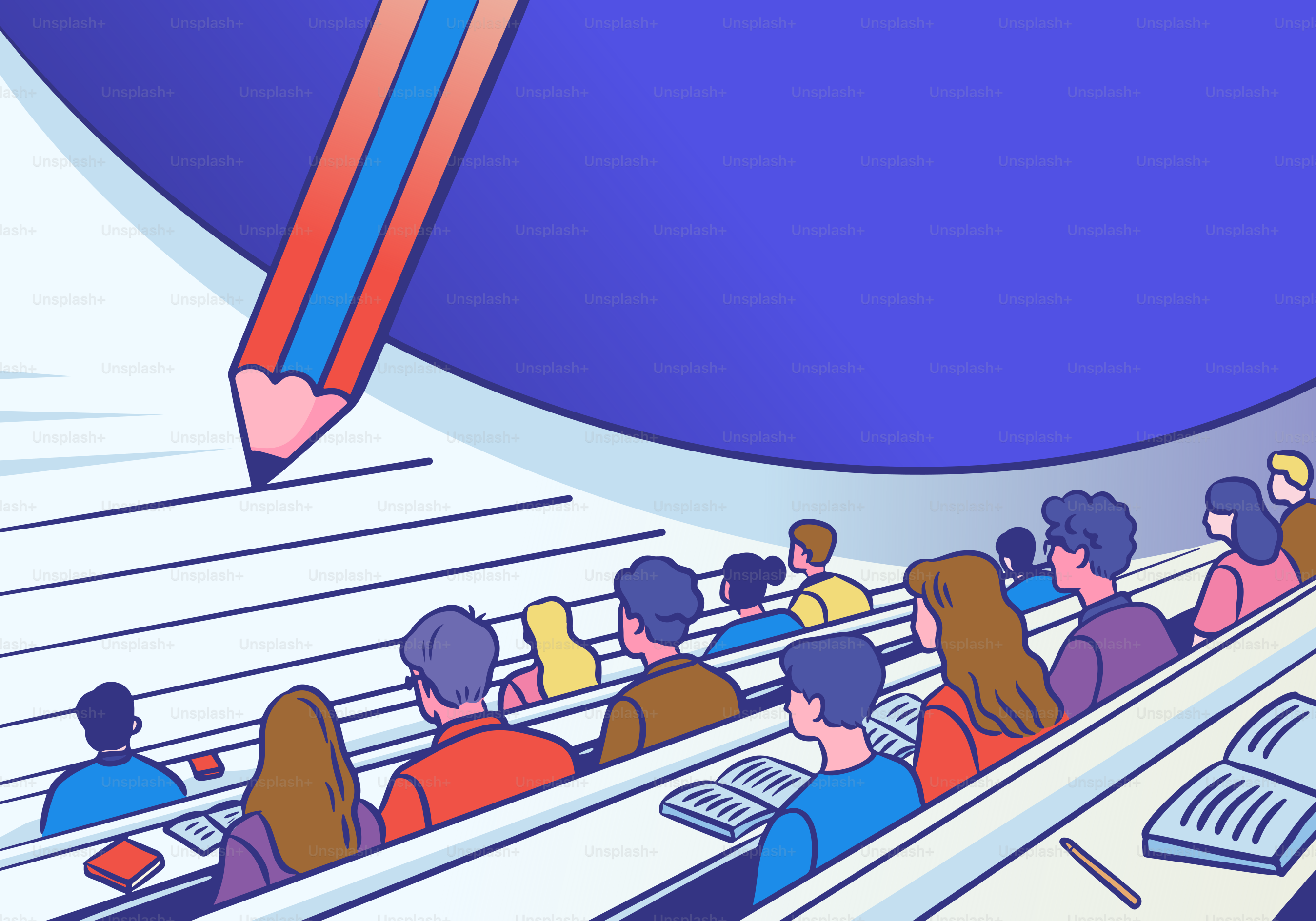 Students are taking an exam in a lecture hall.