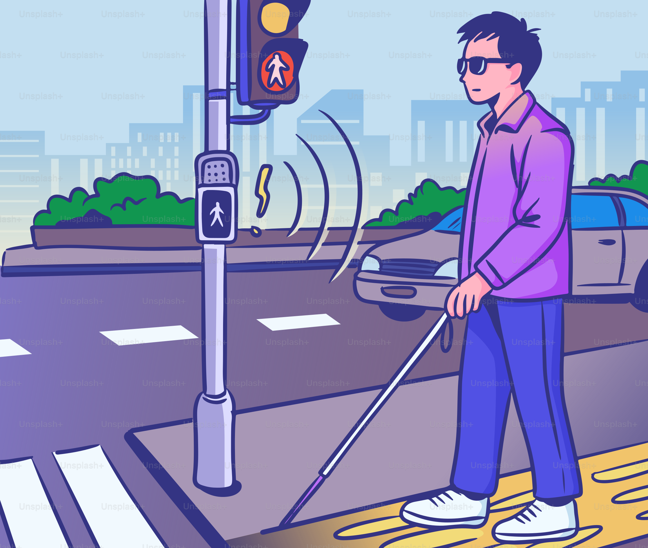 A blind man crosses the street with a cane.