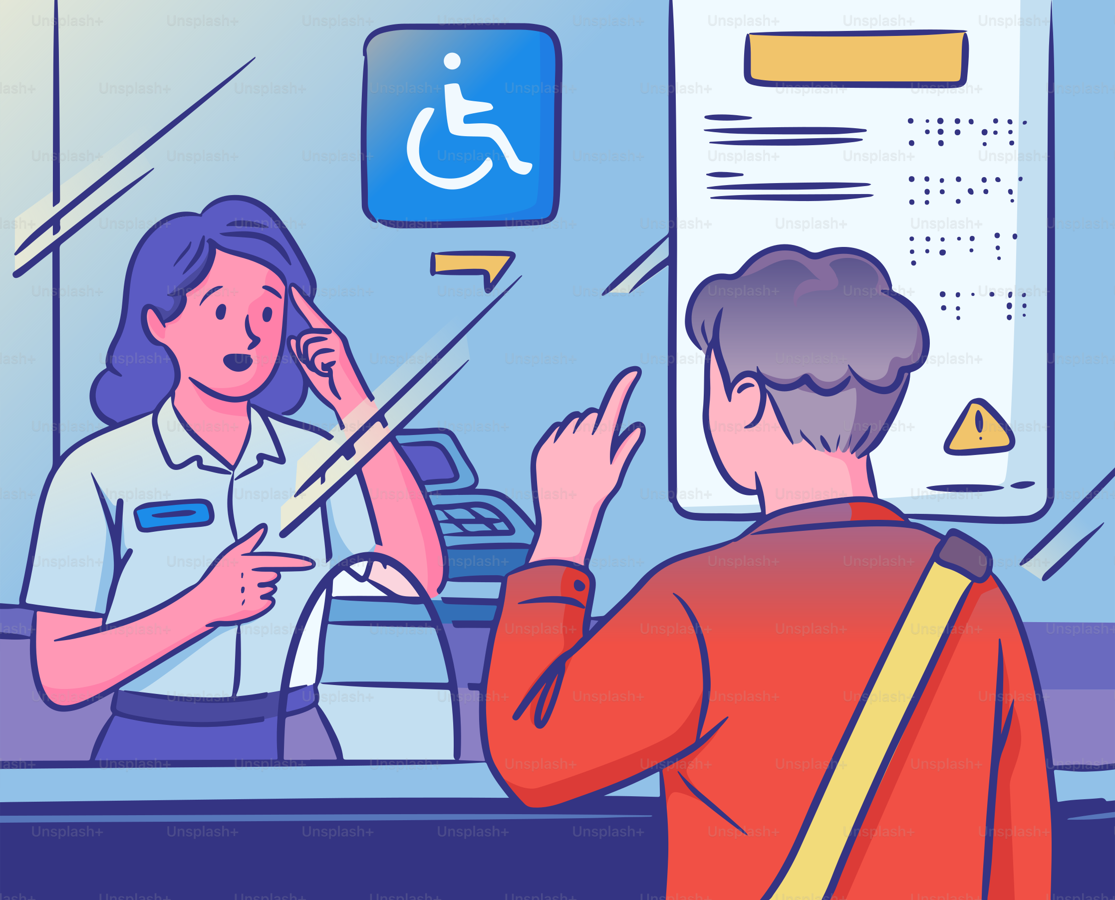 Un client et un préposé communiquent à un comptoir de service.