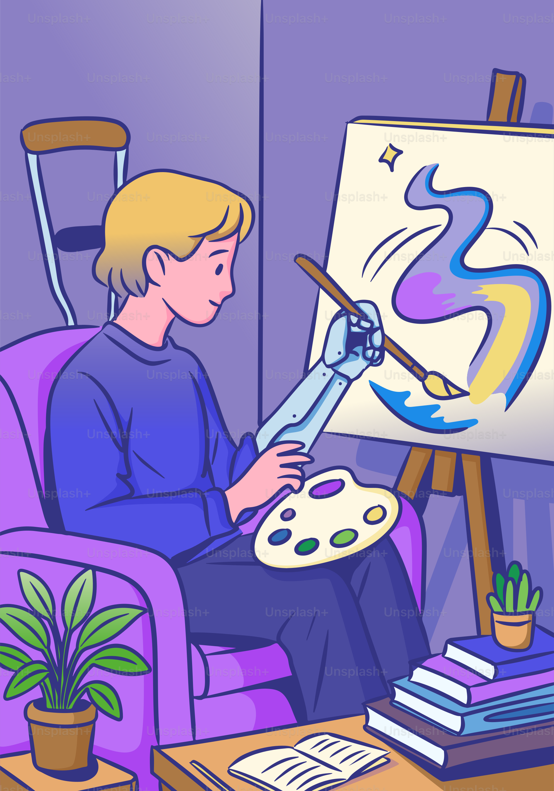Um artista pinta com um braço protético.