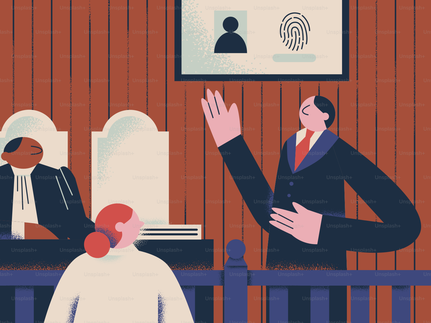 A courtroom scene depicts a judge, lawyer, and witness.