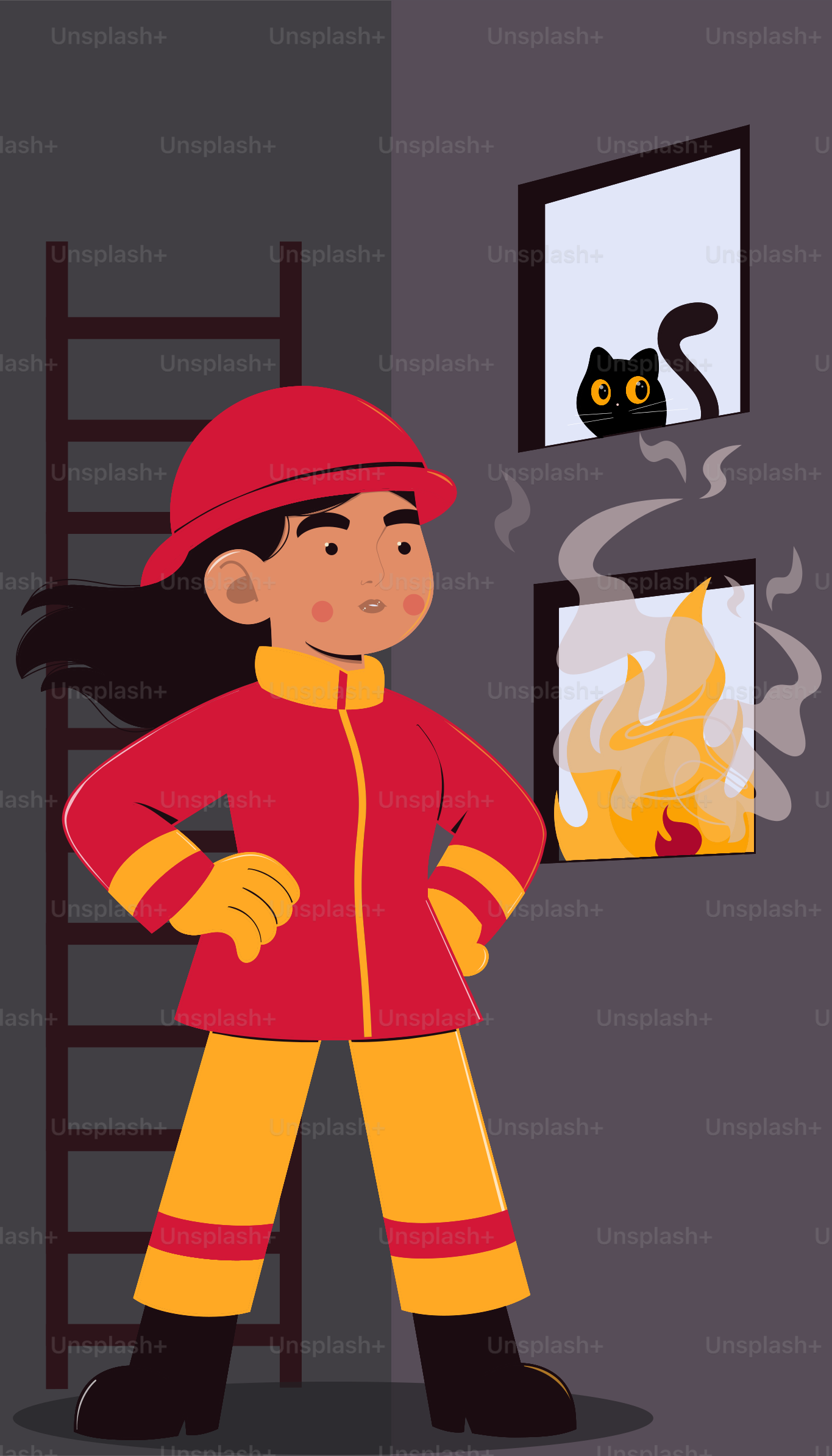 A firefighter is ready to help a burning building.