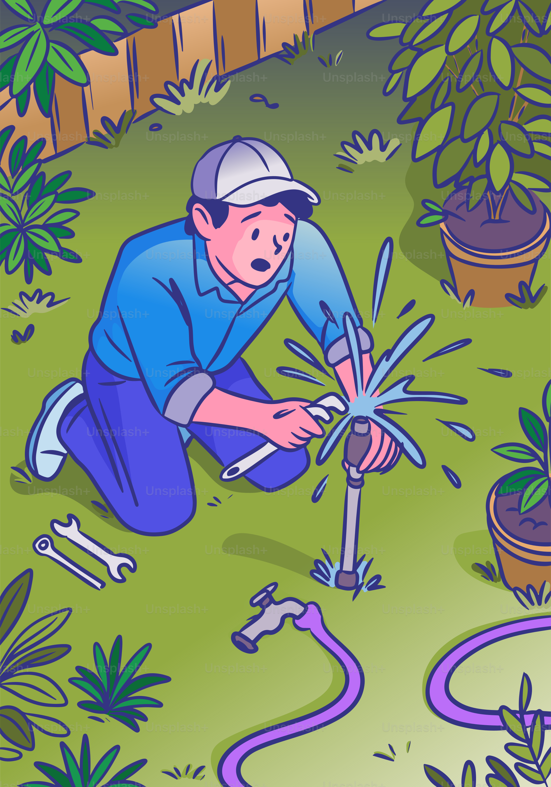 A man struggles with a leaky outdoor faucet.