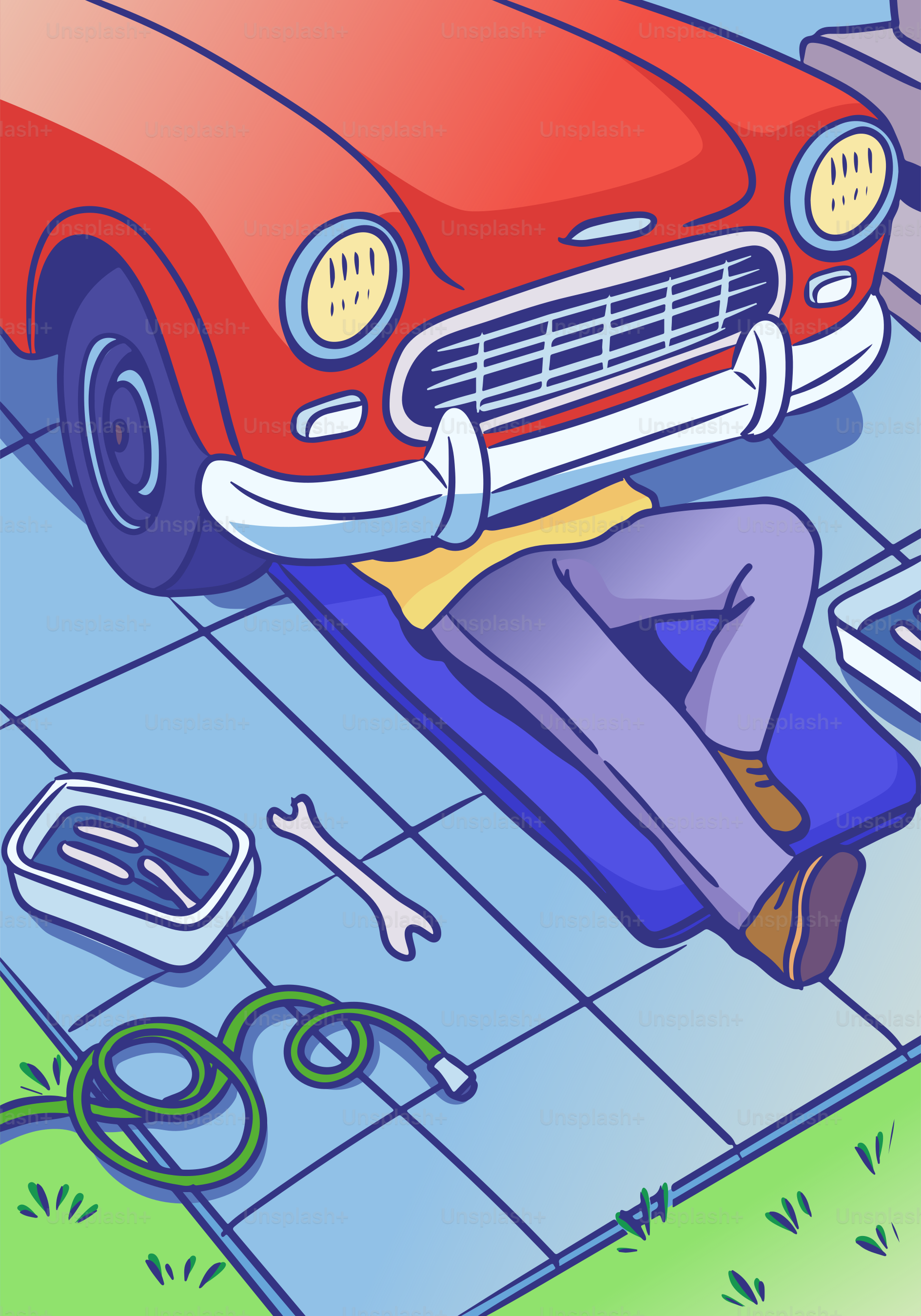 A mechanic works underneath a red classic car.