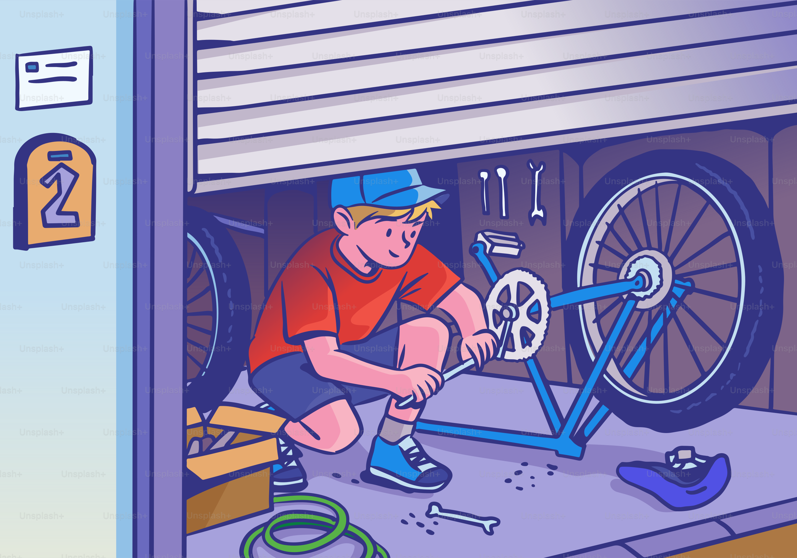 Boy fixes his bike in a garage.