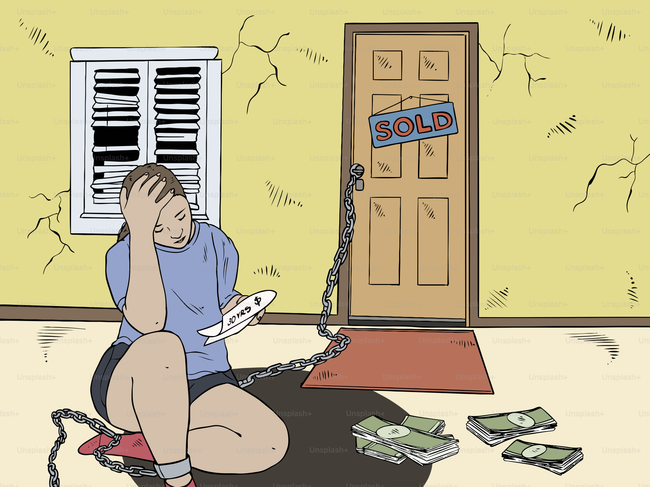 Una donna è incatenata a una casa venduta.