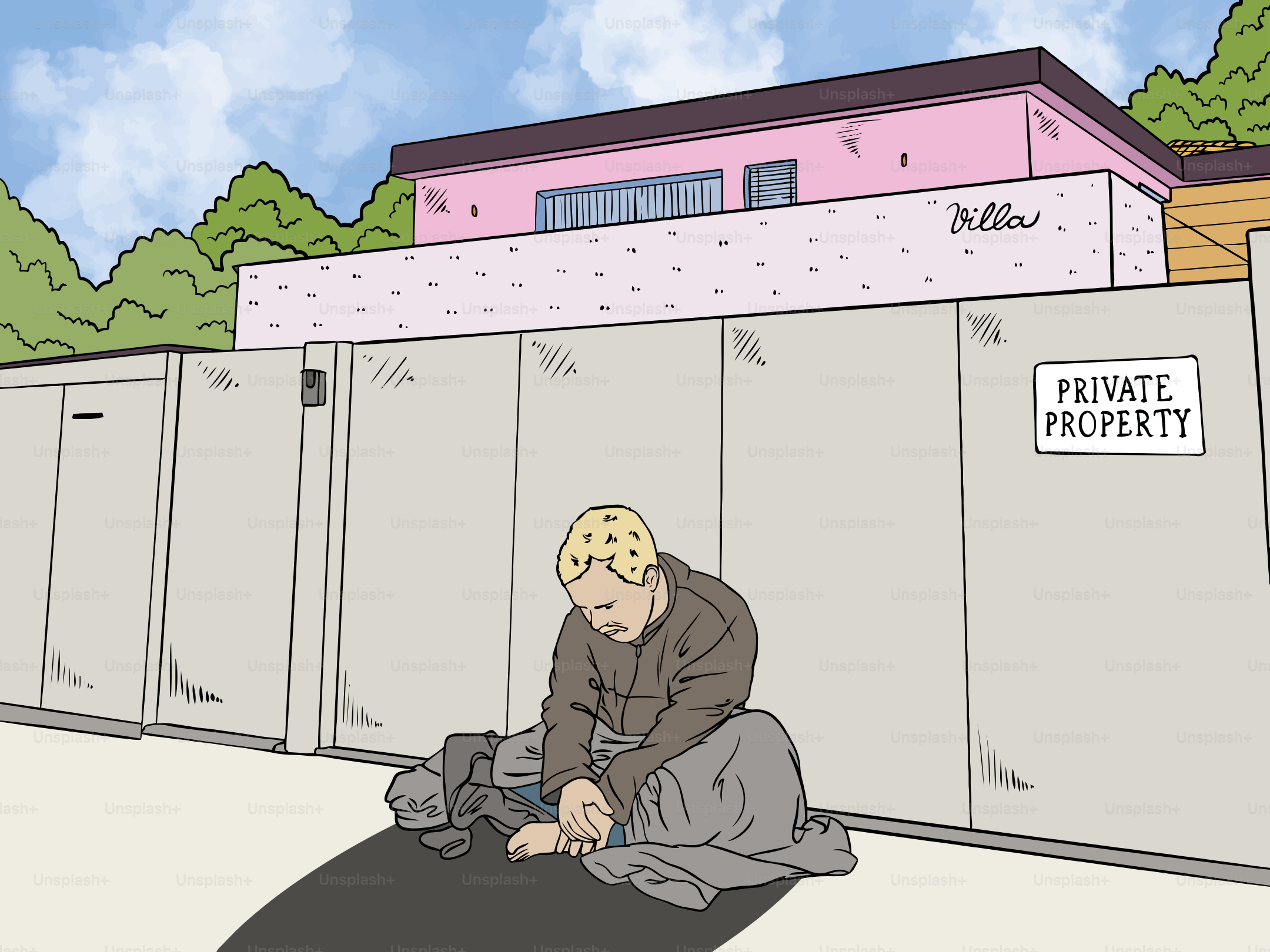 Una persona sin hogar se sienta frente a una propiedad privada. vector –  Imagen de Al aire libre en Unsplash, image size:3000x2250
