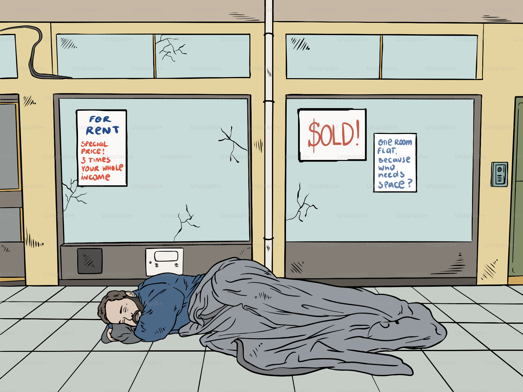 Un senzatetto dorme davanti a edifici abbandonati.