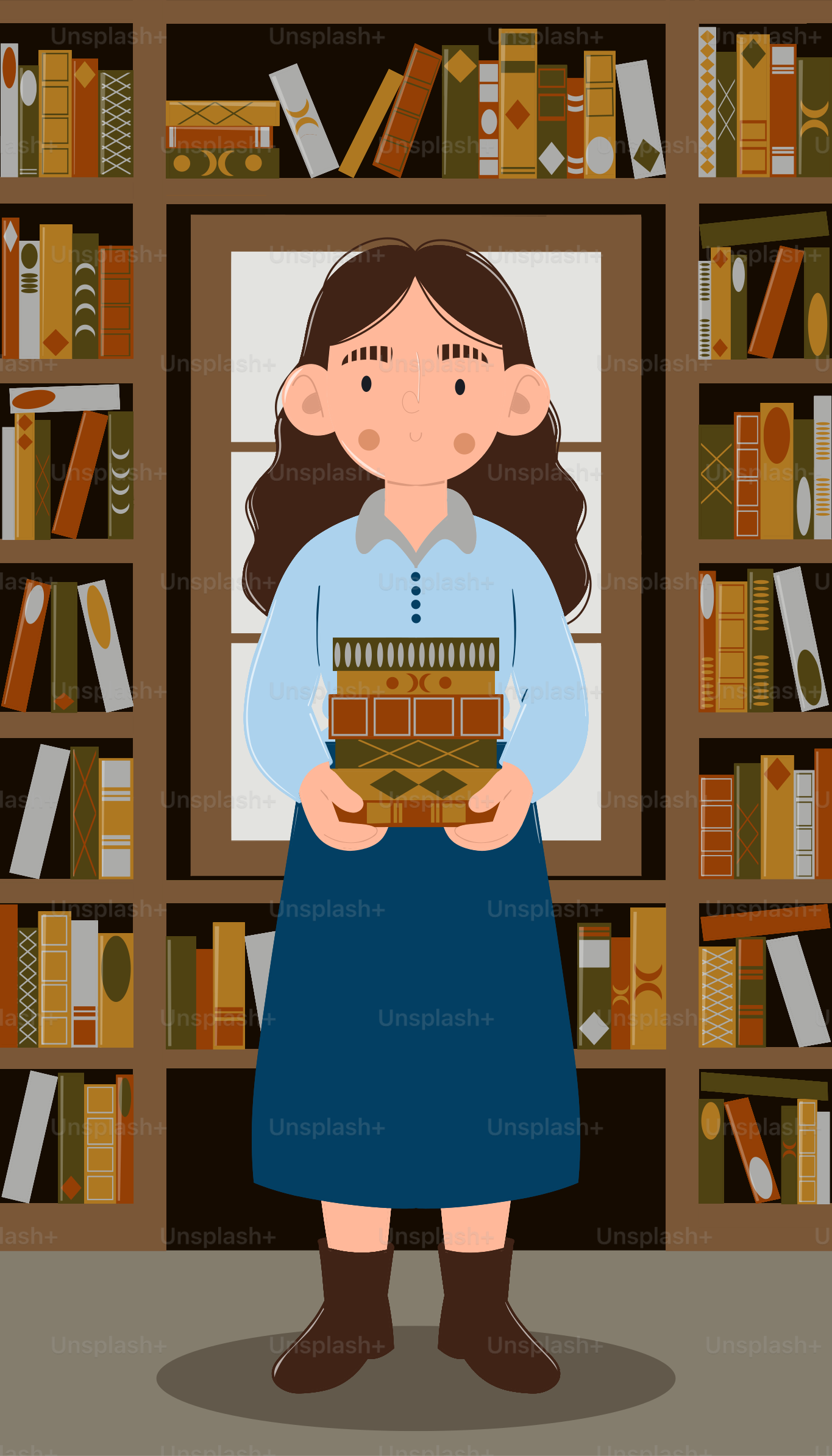 Girl holding books in a library.