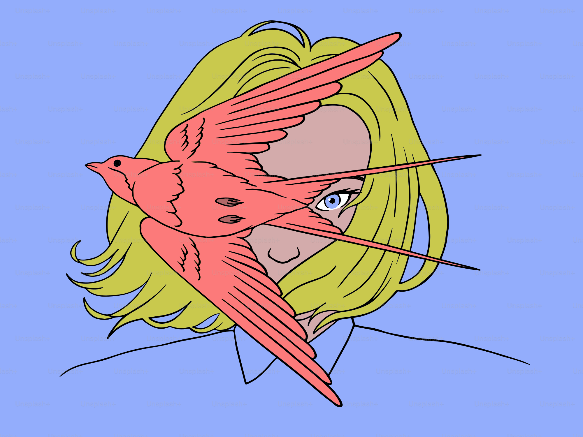 A bird flies through a woman's face.