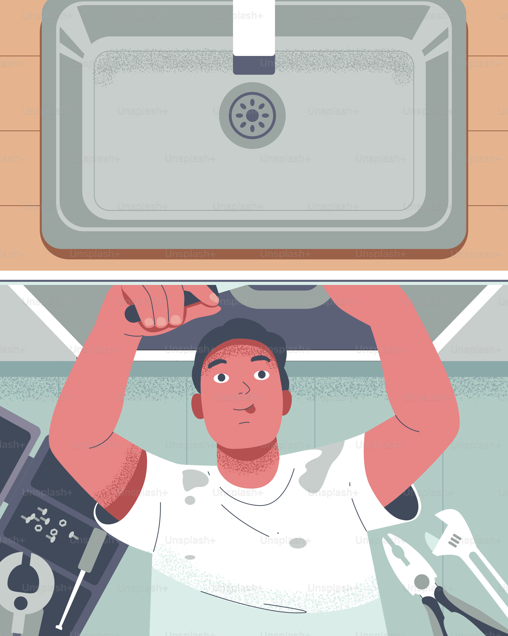 Um encanador está trabalhando em uma pia de cozinha.