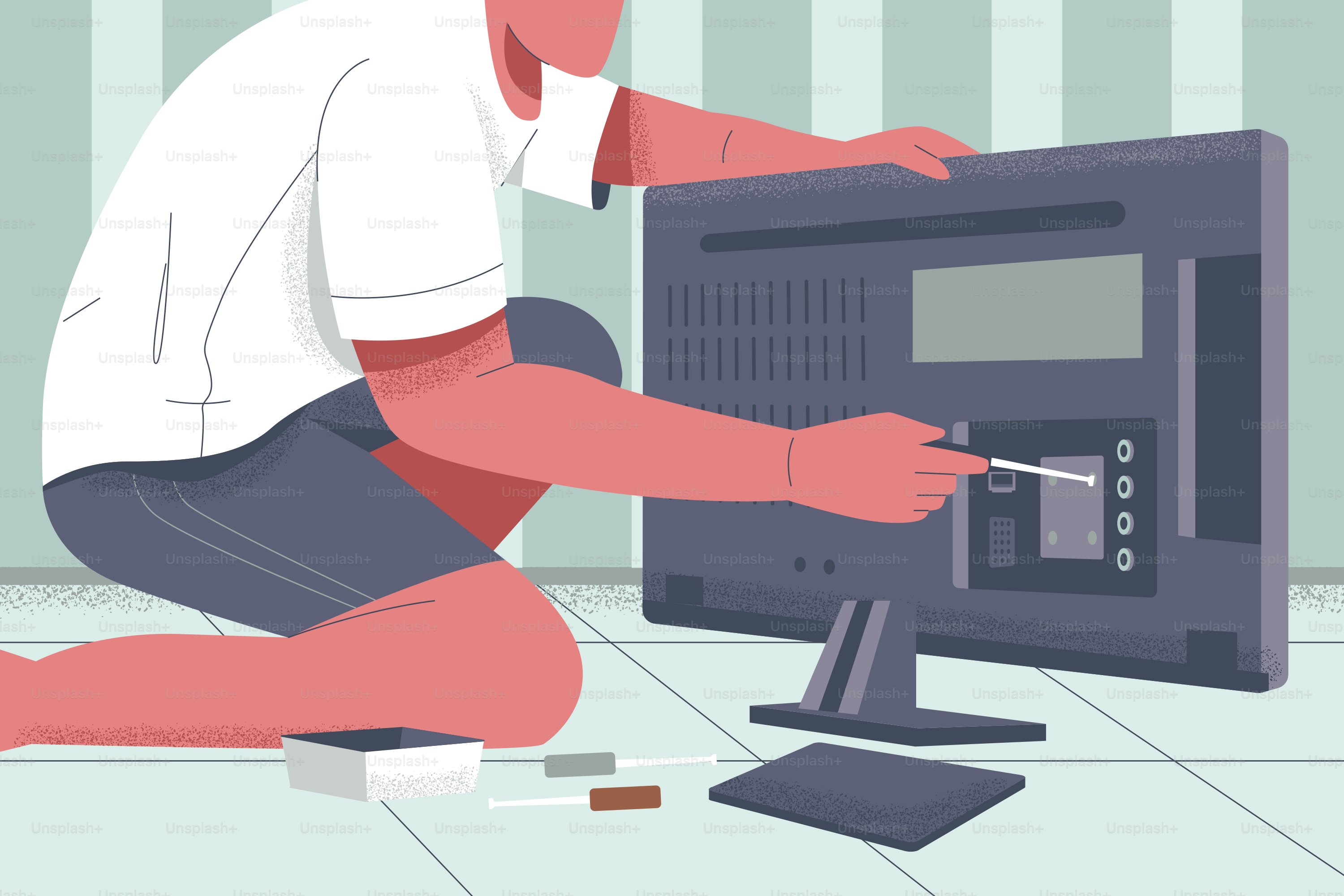 A man is fixing a TV screen.